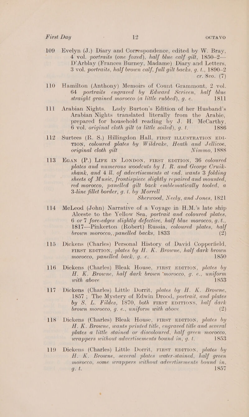 109 Evelyn (J.) Diary and Correspondence, edited by W. Bray, 4 vol. portraits (one foxed), half blue calf gilt, 1850-2— D’Arblay (Frances Burney, Madame) Diary and Letters, 3 vol. portraits, half brown calf, full gilt backs, g. t., 1890-2 cr. 8vo. (7) 110 Hamilton (Anthony) Memoirs of Count Grammont, 2 vol. 64 portraits engraved by Hdward Scriven, half blue straight grained morocco (a little rubbed), g. e. 1811 lil Arabian Nights. Lady Burton’s Edition of her Husband’s Arabian Nights translated literally from the Arabic, prepared for household reading by J. H. McCarthy, 6 vol. original cloth gilt (a little soiled), g. t. 1886 112 Surtees (R. 8.) Hillingdon Hall, Frrst ILLUSTRATION EDI- TION, coloured plates by Waldrake, Heath and Jellicoe, original cloth gilt Nimmo, 1888 1138 Eaawn (P.) Lire 1n LONDON, FIRST EDITION, 36 coloured plates and numerous woodcuts by I. R. and George Cruik- shank, and 4 ll. of advertisements at end, wants 3 folding sheets of Music, frontispiece slightly repaired and mounted, red morocco, panelled gilt back emblematically tooled, a 3-line fillet border, g. t. by Morrell Sherwood, Neely, and Jones, 1821 114 McLeod (John) Narrative of a Voyage in H.M.’s late ship Alceste to the Yellow Sea, portrait and coloured plates, 6 or 7 fore-edges slightly defective, half blue morocco, gq. t., 1817—Pinkerton (Robert) Russia, coloured plates, half brown morocco, panelled backs, 1833 (2) 115 Dickens (Charles) Personal History of David Copperfield, FIRST EDITION, plates by H. K. Browne, half dark brown morocco, panelled back, g. e. 1850 116 Dickens (Charles) Bleak House, Frrst EpITIoNn, plates by H. K. Browne, half dark brown “morocco, g. e., uniform with above 1853 117 Dickens (Charles) Little Dorrit, plates by H. K. Browne, 1857 ; The Mystery of Edwin Drood, portrait, and plates by S. L. Fildes, 1870, both First EviTIONS, half dark brown morocco, g. é., uniform with above (2) 118 Dickens (Charles) Bleak House, FIRST EDITION, plates by H. K. Browne, wants printed title, engraved title and several plates a little stained or discoloured, half green morocco, wrappers without advertisements bound in, q. t. 1853 119 Dickens (Charles) Little Dorrit, Frrst BDITION, plates by H. K. Browne, several plates water-stained, half green morocco, some wrappers without advertisements bound in, gud. 1857