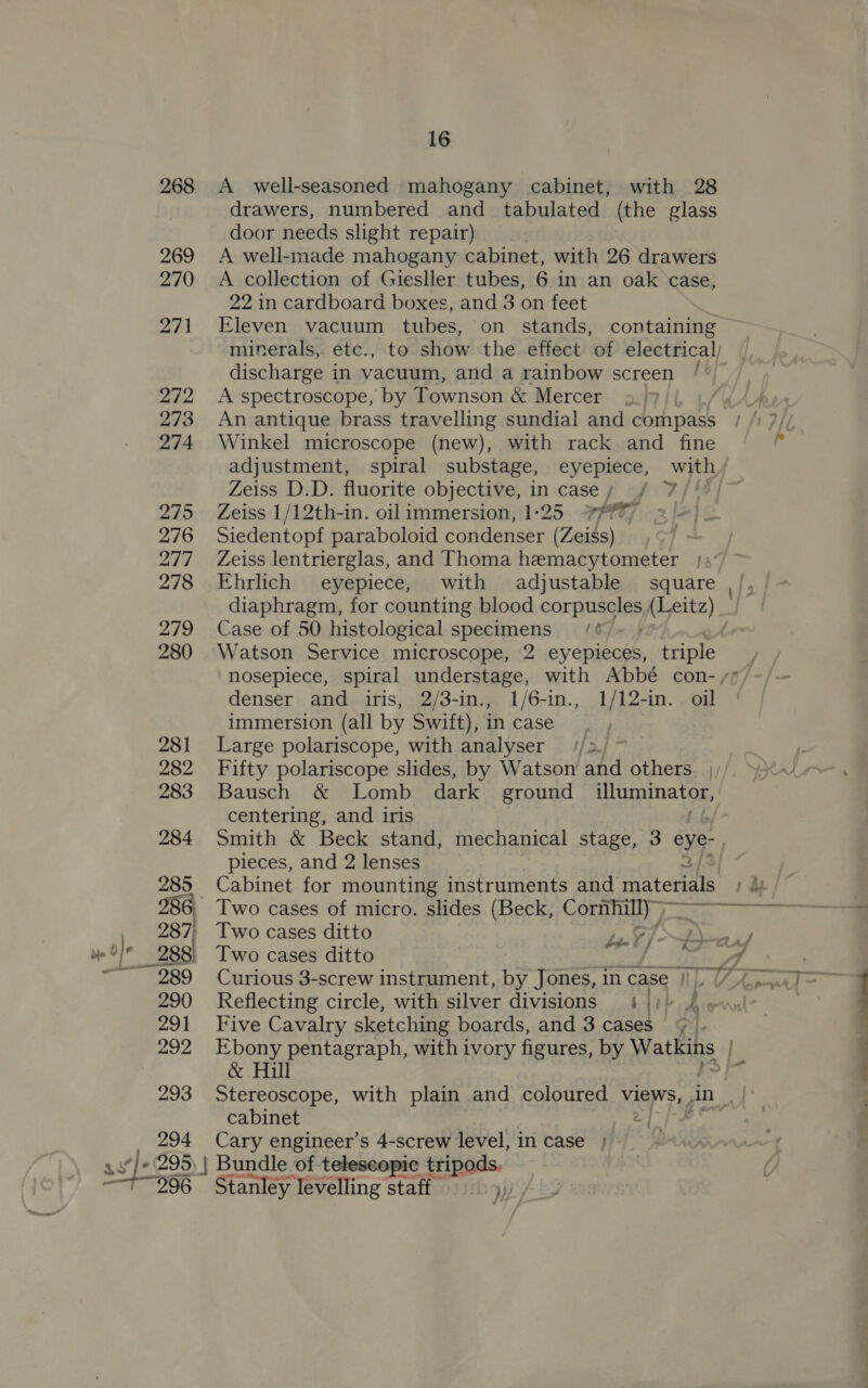 268 A well-seasoned mahogany cabinet, with 28 drawers, numbered and tabulated (the glass door needs slight repair) 269 &lt;A well-made mahogany cabinet, with 26 drawers 270 A collection of Giesller tubes, 6 in an oak case, 22 in cardboard boxes, and 3 on feet 271 Eleven vacuum tubes, on stands, containing minerals, etc., to show the effect of electrical, discharge in vacuum, and a rainbow screen 272 A spectroscope, by Townson &amp; Mercer 273 An antique brass travelling sundial and compass 274 Winkel microscope (new), with rack and fine adjustment, spiral substage, eyepiece, with, Zeiss D.D. fluorite objective, in-cases / 7/'0/~ 275 Zeiss 1/12th-in. oil immersion, 1-25 -#/*77 276 Siedentopf paraboloid condenser (Zeiss) 277 Zeiss lentrierglas, and Thoma hemacytometer |. 278 Ehrlich eyepiece, with adjustable square | /, diaphragm, for counting blood cor pUusgiAy (Leitz) _/ 279 Case of 50 histological specimens = /¢ 280 Watson Service microscope, 2 eyepieces, triple nosepiece, spiral understage, with Abbé con- /? denser and iris, 2/3-in., 1/6-in., 1/12-in. oil immersion (all by Swift), in case 281 Large polariscope, with analyser //2 282 Fifty polariscope slides, by Watson and others. | 283 Bausch &amp; Lomb dark ground Uyurarna bee, centering, and iris 284 Smith &amp; Beck stand, mechanical stage, 3 eye. pieces, and 2 lenses 285 Cabinet for mounting instruments and Tee : ay / 286, Two cases of micro. slides (Beck, Cornhill)” Te ea 287, Two cases ditto hy ue) 288) Two cases ditto 6: Me se, ~~ 289 Curious 3-screw instrument, by Jones, in case | We VAs = : 290 Reflecting circle, with silver divisions 4 |; owl? fy . 291 Five Cavalry sketching boards, and 3 cases ig fe 292 Ebony pentagraph, with ivory figures, by Watkins &amp; Hill ; 293 Stereoscope, with plain and coloured views, An A cabinet i a 294 Cary engineer’s 4-screw level, in case ; ay} (295) | Bundle of. telescopic saiboss. er 96 Stanley levelling staff ie
