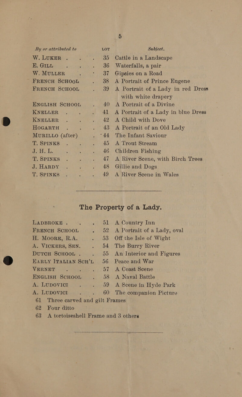 W. LUKER EK. GILL W. MULLER FRENCH SCHOOL FRENCH SCHOOL ENGLISH SCHOOL KNELLER KNELLER HOGARTH MURILLO (after) T. SPINKS ferH L. T. SPINKS J. HARDY T. SPINKS 30 36 37 38 39 4() 41 42 43 45 46 47 48 49 Cattle in a Landscape Waterfalls, a pair Gipsies on a Road A Portrait of Prince Eugene A Portrait of a Lady in red Dress with white drapery A Portrait of a Divine A Portrait of a Lady in blue Dress A Child with Dove A Portrait of an Old Lady The Infant Saviour A Trout Stream Children Fishing A River Scene, with Birch Trees Gillie and Dogs A River Scene in Wales LADBROKE : FRENCH SCHOOL H. Moors, R.A. A. VICKERS, SEN. DUTCH SCHOOL . VERNET ENGLISH SCHOOL A. LUDOVICI A. LUDOVICI 58 59 60 A Country Inn A Portrait of a Lady, oval Off the Isle of Wight The Burry River An Interior and Figures Peace and War A Coast Scene A Naval Battle A Scene in Hyde Park The companion Picture 62 Four ditto