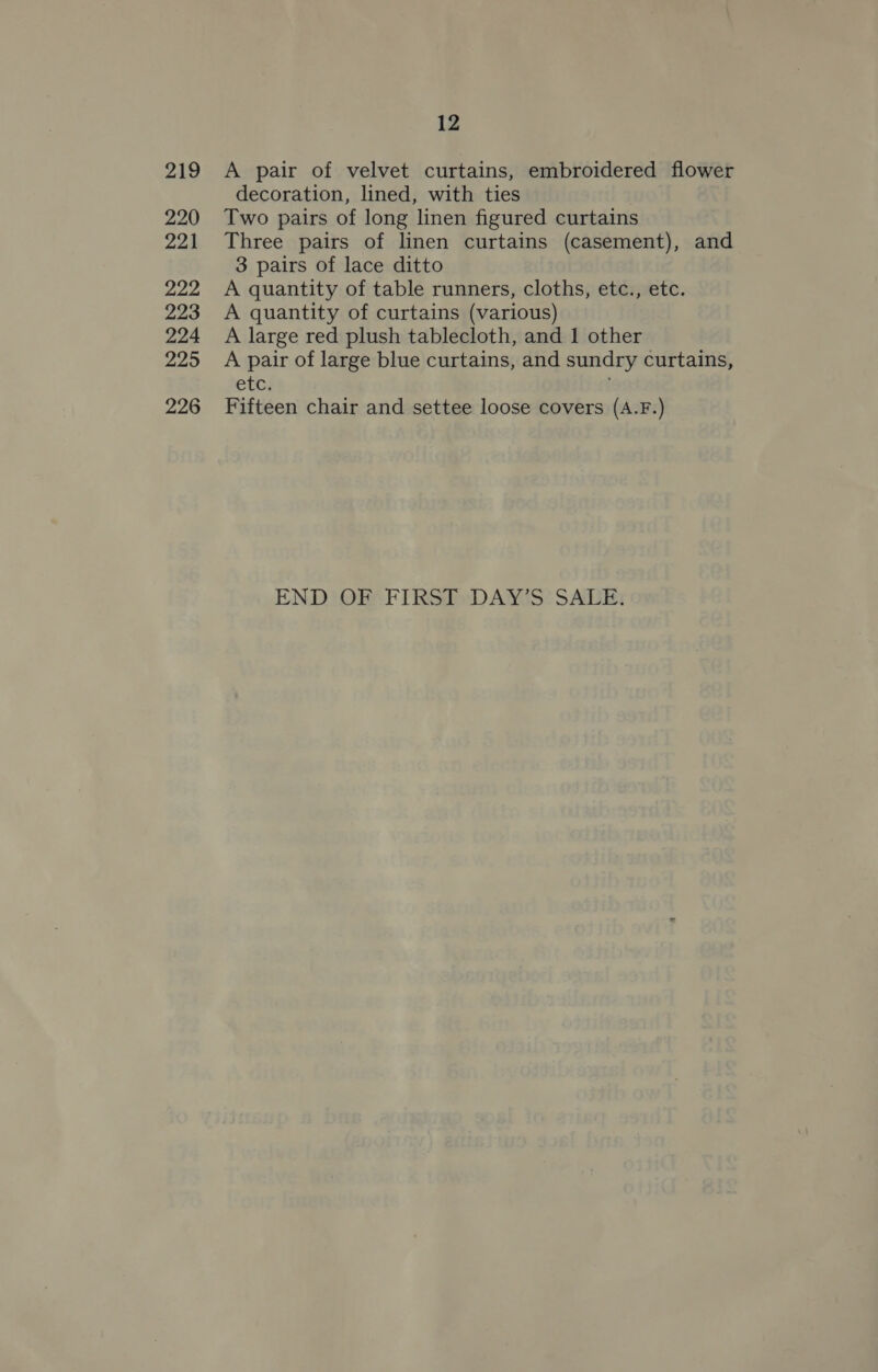 220 221 222 223 224 225 226 12 decoration, lined, with ties Two pairs of long linen figured curtains Three pairs of linen curtains (casement), and 3 pairs of lace ditto A quantity of table runners, cloths, etc., etc. A quantity of curtains (various) A large red plush tablecloth, and 1 other A pair of large blue curtains, and sundry curtains, etc, Fifteen chair and settee loose covers (A.F.) END OF FIRST DAY’S SALE.