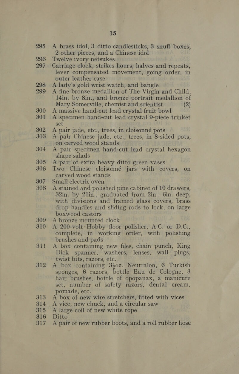 295 296 297 298 299 300 301 302 303 304 305 306 307 308 309 310 311 312 313 314 315 316 317 15 A brass idol, 3 ditto candlesticks, 3 snuff boxes, 2 other pieces, and a Chinese idol Twelve ivory netsukes Carriage clock, strikes hours, halves and repeats, lever compensated movement, going order, in outer leather case A lady’s gold wrist watch, and bangle A fine bronze medallion of The Virgin and Child, l4in. by 8in., and bronze portrait medallion of Mary Somerville, chemist and scientist (2) A massive hand-cut lead crystal fruit bowl A specimen hand-cut lead crystal 9-piece trinket set A pair jade, etc., trees, in cloisonné pots A pair Chinese jade, etc., trees, in 8-sided pots, on carved wood stands A pair specimen hand-cut lead crystal hexagon shape salads A pair of extra heavy ditto green vases Two Chinese cloisonné jars with covers, on carved wood stands Small electric oven 32in. by 2lin., graduated from 2in., 6in. deep, with divisions and framed glass covers, brass drop handles and sliding rods to lock, on large boxwood castors A bronze mounted clock A 200-volt: Hobby floor polisher, A.C. or D.C., complete, in working order, with polishing brushes and pads A box containing new files, chain punch, King Dick spanner, washers, lenses, wall plugs, twist bits, razors, etc. A box containing 340z. Neutralon, 6 Turkish sponges, 6 razors, bottle Eau de Cologne, 3 hair brushes, bottle of opopanax, a manicure set, number of safety razors, dental cream, pomade, etc. A box of new wire stretchers, fitted with vices A vice, new chuck, and a circular saw A large coil of new white rope Ditto A pair of new rubber boots, and a roll rubber hose