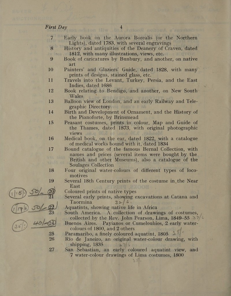 7 8 10 12 13 14  Early book on the Aurora Borealis (or the Northern Lights), dated 1783, with several engravings History and antiquities of the Deanery of Craven, dated 1812, with many illustrations, views, etc. Book of caricatures by Bunbury, and another, on native art Painters’ and Glaziers’ Guide, dated 1828, with many prints of designs, stained glass, etc. Travels into the Levant, Turkey, Persia, and the East Indies, dated 1686 Book relating to Bendigo, and another, on New South Wales Balloon view of London, and an early Railway and Tele- graphic Directory Birth and Development of Ornament, and the History of the Pianoforte, by Brinsmead Peasant costumes, prints in colour, Map and Guide of the Thames, dated 1873, with original photographic views Medical book, on the ear, dated 1822, with a catalogue of medical works bound with it, dated 1834 Bound catalogue of the famous Bernal Collection, with names and prices (several items were bought by the British and other Museums), also a catalogue of the Soulages Collection Four original water-colours of different types of loco- motives Several 18th Century prints of the costume in_the Near East Coloured prints of native types Several early prints, showing excavations at Catana and Taormina 32/6. Aquatints, showing native life in Africa South America. A collection of drawings of Bs Es collected by the Rev. John Pearson, Lima, 1849-55 37, Buenos Aires. Payianos or Cumelouhios, 2 early water- colours of 1800, and 2 others | Paramaribo, a finely coloured aquatint, 1805 3. 4° Rio de Janeiro, an original water-colour drawing, with shipping, 1835 as 4 San Sebastian, an early coloured aquatint view, and 7 water-colour drawings of Lima costumes, 1800