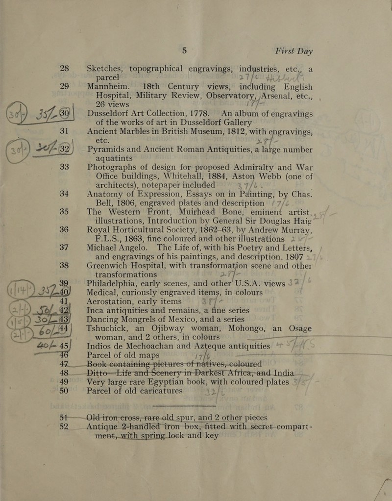   5 First Day Sketches, topographical engravings, industries, etc., a parcel | BT PO debe Mannheim. 18th Century views, including English Hospital, Military Review, Observatory, Arsenal, etc., 26 views 177 Dusseldorf Art Collection, 1778. An album of engravings of the works of art in Dusseldorf Gallery Ancient Marbles in British Museum, 1812, with engravings, EXC. Pa /. Pyramids and Ancient Roman Antiquities, a large number aquatints Photographs of design for proposed Admiralty and War Office buildings, Whitehall, 1884, Aston Webb (one of architects), notepaper included a7/b Anatomy of Expression, Essays on in Painting, by Chas. Bell, 1806, engraved plates and description i The Western Front, Muirhead Bone, eminent artist,. illustrations, Introduction by General Sir Douglas Haig Royal Horticultural Society, 1862-63, by Andrew Murray, F.L.S., 1863, fine coloured and other illustrations Michael Angelo. The Life of, with his Poetry and Letters, and engravings of his paintings, and description, 1807 Greenwich Hospital, with transformation scene and other transformations Ff] | Philadelphia, early scenes, and other’ U.S.A. views &lt;- Medical, curiously engraved PE in colours Aerostation, early items 3f Inca antiquities and remains, a Ife series Dancing Mongrels of Mexico, and a series woman, and 2 others, in coletes Reese —7~ Indios de Mechoachan and Azteque antiquities Parcel of old maps 7/6 Ditto—Life-and-Seenery in-Darkest Africa;-and India Very large rare Egyptian book, pe’, coloured plates © Parcel of old caricatures 22/1 *  Antique 2-handled iron box, fitted with secret-compart- ment,.with spring lock and key