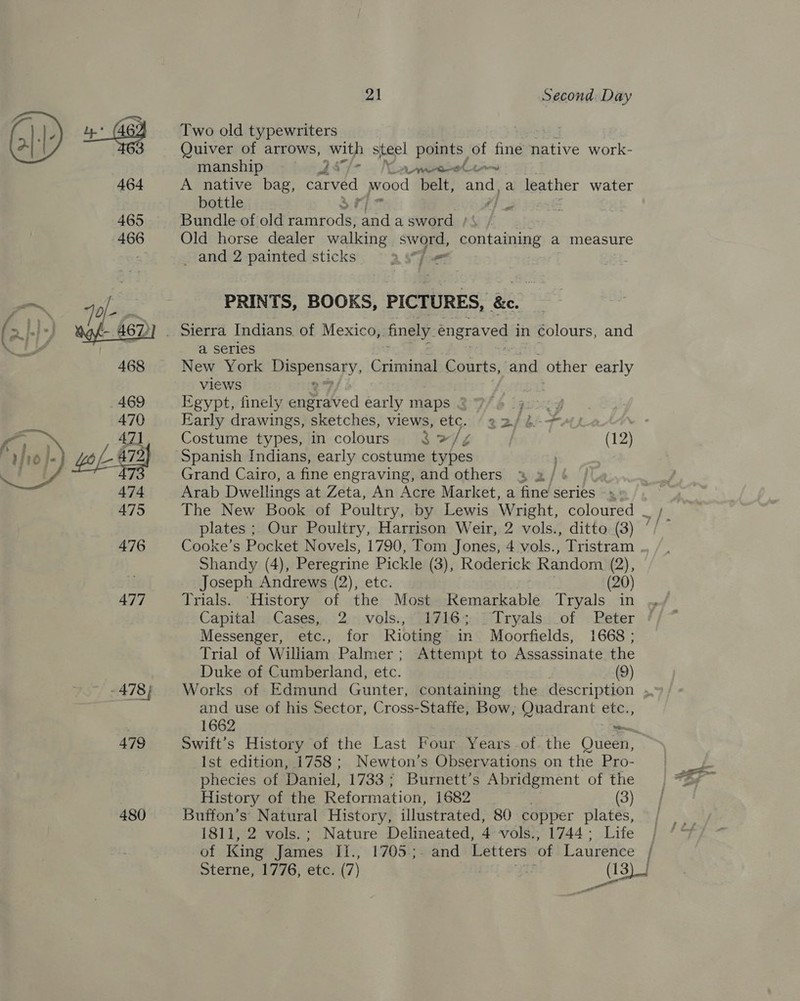   479 480 21 Second Day Two old typewriters Quiver of arrows, with steel points, of fine native work- — manship 1st Khawwewteluwn A native bag, carved wood belt, and. a leather water bottle se Bundle of old ramrods, and a sword ) Old horse dealer walking sword, pli tasniane a measure _ and 2 painted sticks 2 Spit PRINTS, BOOKS, PICTURES, &amp;c. a series New York iiapensary,. Criminal Courts, nth other early views Egypt, finely eaeiaried early maps &lt; pues Early eg ‘sketches, views, etc. (22/%-+ Costume types, in colours 3 .&gt;/¢ (12) Spanish Indians, early costume types Grand Cairo, a fine engraving, and others &amp; 2/ | Arab Dwellings at Zeta, An Acre Market, a fine series Shandy (4), Peregrine Pickle (3), Roderick Random (2 (2), Joseph Andrews (2), etc. (20) Trials. ‘History of the Most Remarkable Tryals in Capital, Cases, 2,. vols.,° 17163, (Tryals...of Peter Messenger, etc., for Rioting in Moorfields, 1668 ; Trial of William Palmer; Attempt to Assassinate the Duke of Cumberland, etc. (9) and use of his Sector, Cross-Staffe, Bow, Quadrant etc., 1662 Swift’s History of the Last Four Years -of. the Ouse, Ist edition, 1758 ; Newton’s Observations on the Pro- phecies of Daniel, 1733 ; Burnett’s Abridgment of the History of the Reformation, 1682 (3) Buffon’s Natural History, illustrated, 80 copper plates, 1811, 2 vols.; Nature Delineated, 4 vols., 1744; Life of King James Ii., 1705.;- and Letters of Laurence