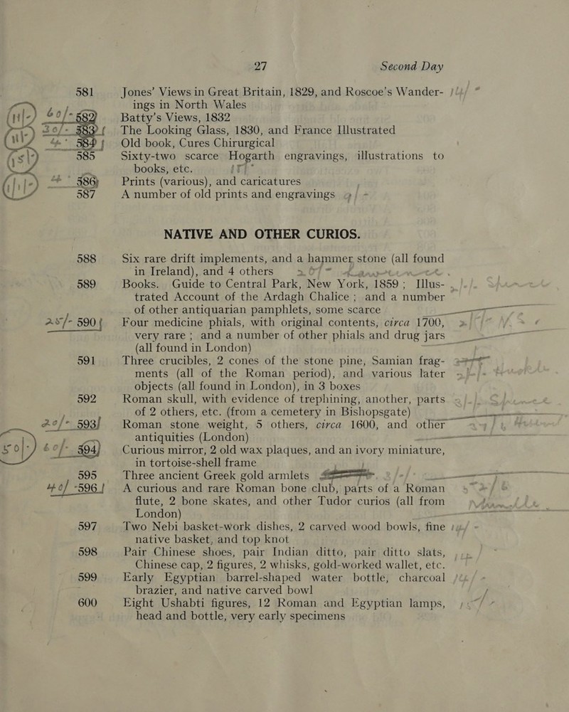  22/593] é of $04) 995 +o) “596 | 597 598 599 600 27 Second Day ings in North Wales Batty’s Views, 1832 The Looking Glass, 1830, and France Illustrated Old book, Cures Chirurgical Sixty-two scarce Hogacth engravings, illustrations to books, etc. Prints (various), and caricatures A number of old prints and engravings NATIVE AND OTHER CURIOS. Six rare drift implements, and a bapamer stone (all found in Ireland), and 4 others &gt;. 0 trated Account of the Ardagh Chalice ; and a number of other antiquarian pamphlets, some scarce Four medicine phials, with original contents, circa 1700, very rare ; and a number of other phials and drug jars (all found in London) Three crucibles, 2 cones of the stone pine, Samian frag- ments (all of the Roman period), and various later objects (all found in London), in 3 boxes Roman skull, with evidence of trephining, another, parts of 2 others, etc. (from a cemetery in Bishopsgate) antiquities (London) Curious mirror, 2 old wax plaques, and an Brory cainiataae’ in tortoise-shell frame | Three ancient Greek gold armlets &amp; A curious and rare Roman bone club, parts ofa feign nl. flute, 2 bone skates, and other Tudor curios (all from London)  native basket, and top knot Pair Chinese shoes, pair Indian ditto, pair ditto slats, Chinese cap, 2 figures, 2 whisks, gold-worked wallet, etc. Early Egyptian barrel-shaped water bottle, charcoal brazier, and native carved bowl Eight Ushabti figures, 12 Roman and Egyptian lamps, head and bottle, very early specimens