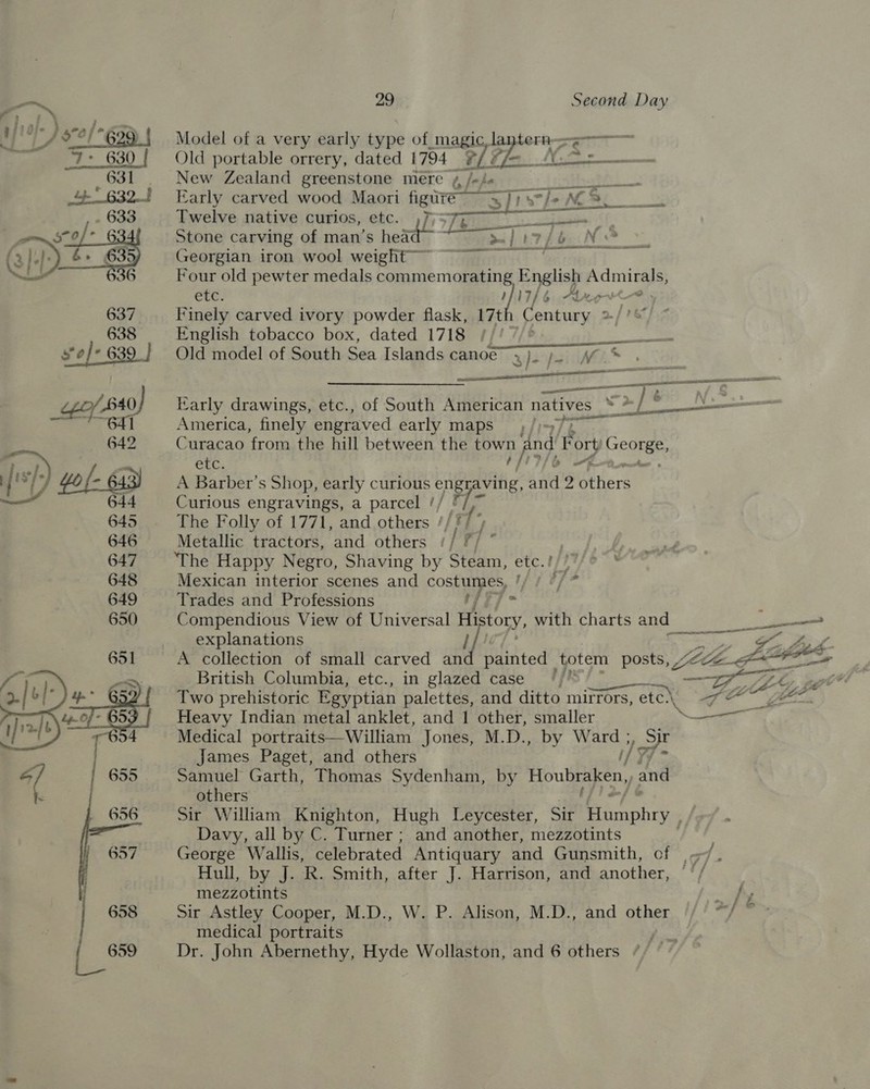 bale baealeat? be VA X21 629 | Model of a very early type of magic, la terk— en “—™ 3+ 630 { Old portable orrery, dated 1794 ms (7% NA uae 631 New Zealand greenstone mere ¢ /«« Birsirss ae 4.632! Early carved wood Maori aigire 3p /- NRE oe . 633 Twelve native curios, etc. —— gm SOF § Stone carving of man’s head 2 bee N iO &gt; (3]-)-)_ 6: 635) Georgian iron wool weight ~ TEES 3 Le 36 Four old pewter medals commemorating 1g English per c. etc. 1117/6 ALee 637 Finely carved ivory powder flask, 17th Century 2 638 - English tobacco box, dated 1718 //' /° s*e/* 639 | Old model of South Sea Islands canoe x Je fs Ws z58 go 640 Karly drawings, etc., of South American natives 3 ape NS : ~*~ 641 America, finely engraved early maps j/)4/z, 642 Curacao from the hill between the aes And! ory Leora a etc. Af. f's/- - 645 A Barber's Shop, early curious engraving, and 2 Briers —— 644 Curious engravings, a parcel // © i= 645 The Folly of 1771, and others // f/ y 646 Metallic tractors, and others // ? es 647 ‘The Happy Negro, Shaving by Steam, etc.! 648 Mexican interior scenes and cs fj tf? 649 Trades and Professions o : 650 Compendious View of Universal History with charts and —= —_ explanations Uf mm A collection of small carved and painted &gt; totem posts, Lee bee, P British Columbia, etc., in glazed case // Ene sey. CLE, gg . Sia JLo Two prehistoric Egyptian palettes, and ditto mirrors, etc), \ Fi . - Heavy Indian metal anklet, and 1 other, smaller ae ce ae Medical portraits—William Jones, M.D., by oe 7 St James Paget, and others Samuel Garth, Thomas Sydenham, by Houbraken, and others Sir William Knighton, Hugh Leycester, Sir ees . Davy, all by C. Turner ; and another, mezzotints George Wallis, celebrated Antiquary and Gunsmith, cf ~ Hull, by J. R. Smith, after J. Harrison, and another, ‘, mezzotints = NS Sir Astley Cooper, M.D., W. P. Alison, M.D., and other // yf festa medical portraits * abe Dr. John Abernethy, Hyde Wollaston, and 6 others ¢/ 