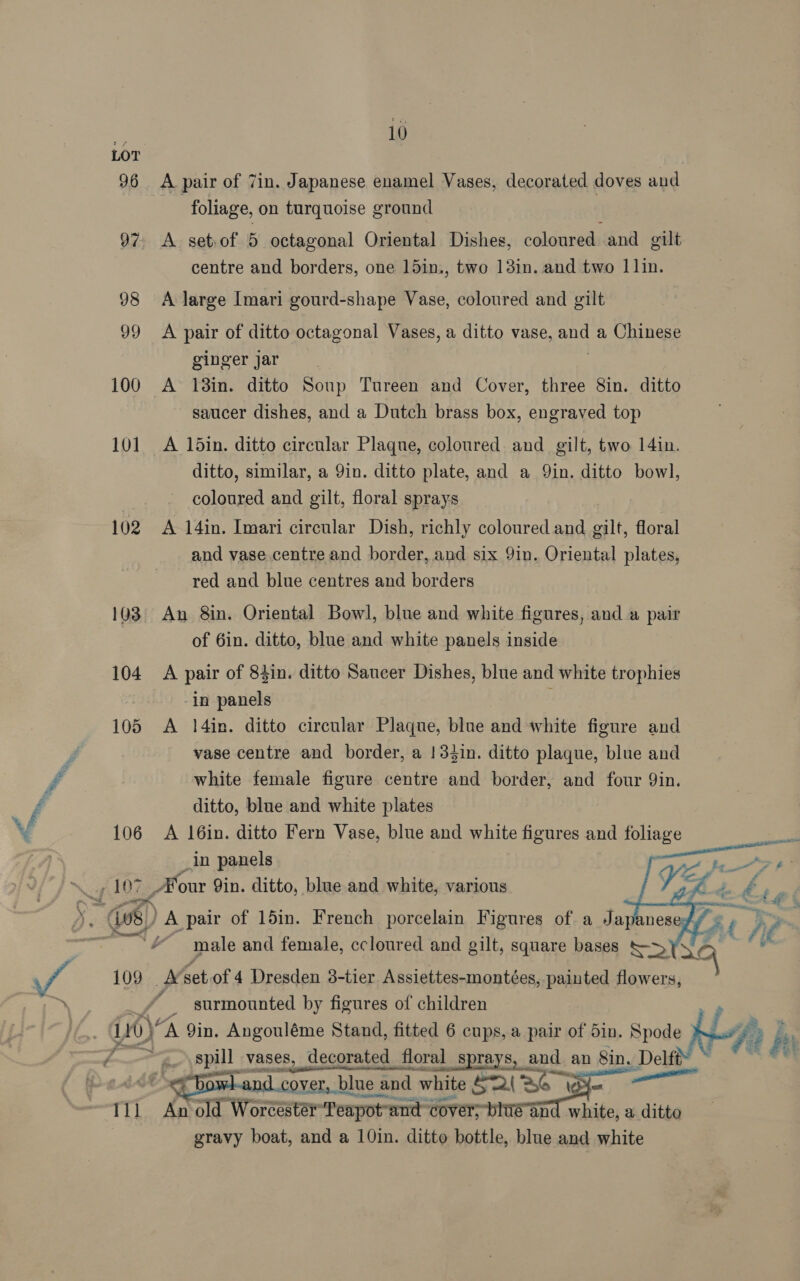 LOT 96 A pair of 7in. Japanese enamel Vases, decorated doves and foliage, on turquoise ground 97. A set.of 5 octagonal Oriental Dishes, coloured and gilt centre and borders, one 15in., two 13in. and two 11lin. 98 A large Imari gourd-shape Vase, coloured and gilt 99 <A pair of ditto octagonal Vases, a ditto vase, aa a Chinese ginger jar 100 A 18in. ditto Soup Tureen and Cover, three 8in. ditto saucer dishes, and a Dutch brass box, engraved top 101. A 15in. ditto circular Plaque, coloured and gilt, two 14in. ditto, similar, a 9in. ditto plate, and a 9in. ditto bowl, coloured and gilt, floral sprays 102 A 14in. Imari circular Dish, richly coloured and gilt, floral and vase centre and border, and six Yin. Oriental plates, red and blue centres and borders 103 An 8in. Oriental Bowl, blue and white figures, and a pair of 6in. ditto, blue and white panels inside 104 A pair of 84in. ditto Saucer Dishes, blue and white trophies in panels : 105 A 14in. ditto circular Plaque, blue and white figure and vase centre and border, a !34in. ditto plaque, blue and white female figure centre and border, and four Yin. ditto, blue and white plates 106 A 16in. ditto Fern Vase, blue and white figures and foliage in panels our 9in. ditto, blue and white, various   male and female, ccloured and gilt, square bases {> SA TE 109 A’setof 4 Dresden 3-tier Assiettes-montées, painted flowers, 3 = surmounted by figures of children i10) “A Yin. Angouléme Stand, fitted 6 cups, a pair of din. Spode ae, a a ee spill vases, decorated floral sprays, and an Sin. Delt ? i jan cover, blue and white F2\ ae 11] Pa old Wrorcestar- Teapot-and ‘Cover bIUS an Lab a ditto gravy boat, and a 10in. ditto bottle, blue and white 