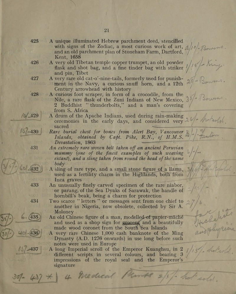 425 A unique illuminated Hebrew parchment deed, stencilled and an old parchment plan of Stoneham Farm, Dartford, Kent, 1658 426 A very old Tibetan temple copper trumpet, an old powder flask and shot bag, and a fine tinder bag with striker and pin, Tibet 427 A very rare old cat-o’-nine-tails, formerly used for punish- ‘ment in the Navy, a curious snuff horn, and a 12th Century arrowhead with history Nile, a rare flask of the Zuni Indians of New Mexico, 2 Buddhist “ thunderbolts,” and a man’s cover e from S. Africa _— $/~430 } Rare burial chest for bones from yes ee Vancouver Devastation, 1863 er 431 An extremely rare woven belt taken off an ancient Pima | mummy (one of the finest examples of such weaving extant), and a sling taken from round the head of the same used as a fertility charm in the Highlands, both from Inca graves 433 An unusually finely carved specimen of the rare niabor, or parang, of the Sea Dyaks of Sarawak, the handle of ¢ hornbill’s beak, being a charm for protection 434 Two scarce “ letters ” or messages sent from one chief to another in Nigeria, now obsolete, collected by Sir A. ble Moloney 6. 435) An old Chinese figure of a man, modelled-of papier-maché SERBS and used as a shop sign for and a beautifully mR made wood coronet from the South Sea Islands Ch) 436) | A very rare Chinese 1,000 cash banknote of the Ming ase j . suns Dynasty (A.D. 1276 onwards) in use long before such notes were used in Europe = ri ; \y vy / 2 ii M yi “were 0 “different scripts in several colours, and bearing 3 impressions of the royal seal and the jel ental signature ; ; é . i. oe ‘ of ; be aoe boa Se Gay) @ Reectcnt (Sort 2 7 ES