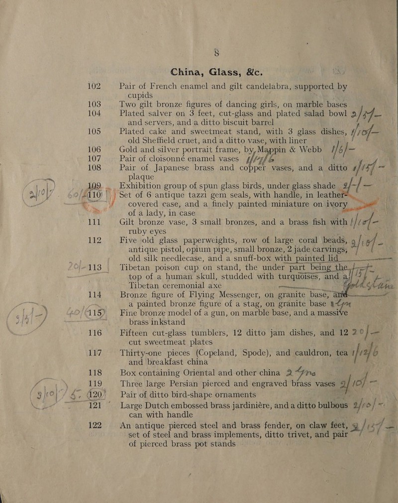 ie § China, Glass, &amp;c. Pair of French enamel and gilt candelabra, supported by cupids Two gilt bronze figures of dancing girls, on marble bases. and servers, anda ditto biscuit barrel Plated cake and sweetmeat stand, with 3 glass dishes, fiof- old Sheffield cruet, and a ditto vase, with liner Gold and silver portrait frame, by Me ppin &amp; Webb i/6/- Pair of cloisonné enamel vases f Life Pair of Japanese brass and copper vases, and a ditto fist om! plaque x covered case, and a finely painted miniature on 1vor ) of a lady, in case nee Gilt bronze vase, 3 small bronzes, and a brass fish with / / £ ef- ruby eyes Five old glass paperweights, row of large coral beads, ft antique pistol, opium pipe, small bronze, 2 jade carvings; old silk needlecase, and a snuff-box with painted lid _ Tibetan poison cup on stand, the under part teeing ef top of a human skull, studded with turquoises, ages a ve OR Tibetan ceremonial axe ne BH ger tthe Bronze figure of Flying Messenger, on granite ‘base, a painted bronze figure of a stag, on granite base ad mM Fine bronze model of a gun, on marble base, and a massive brass inkstand Fifteen cut-glass tumblers, 12 ditto jam dishes, and 12 2° } a cut sweetmeat plates | ig Thirty-one pieces (Copeland, Spode), and cauldron, tea ifra] 4) and breakfast china Pa | Box containing Oriental and other china 2~“/ing Three large Persian pierced and engraved brass vases a/ of a Pair of ditto bird-shape ornaments Large Dutch embossed brass jardiniére, and a ditto bulbous 2/10 | ~ can with handle An antique pierced steel and brass fender, on claw feet, a/e Ey a set of steel and brass implements, fet trivet, and pair™ © of pierced brass pot stands  