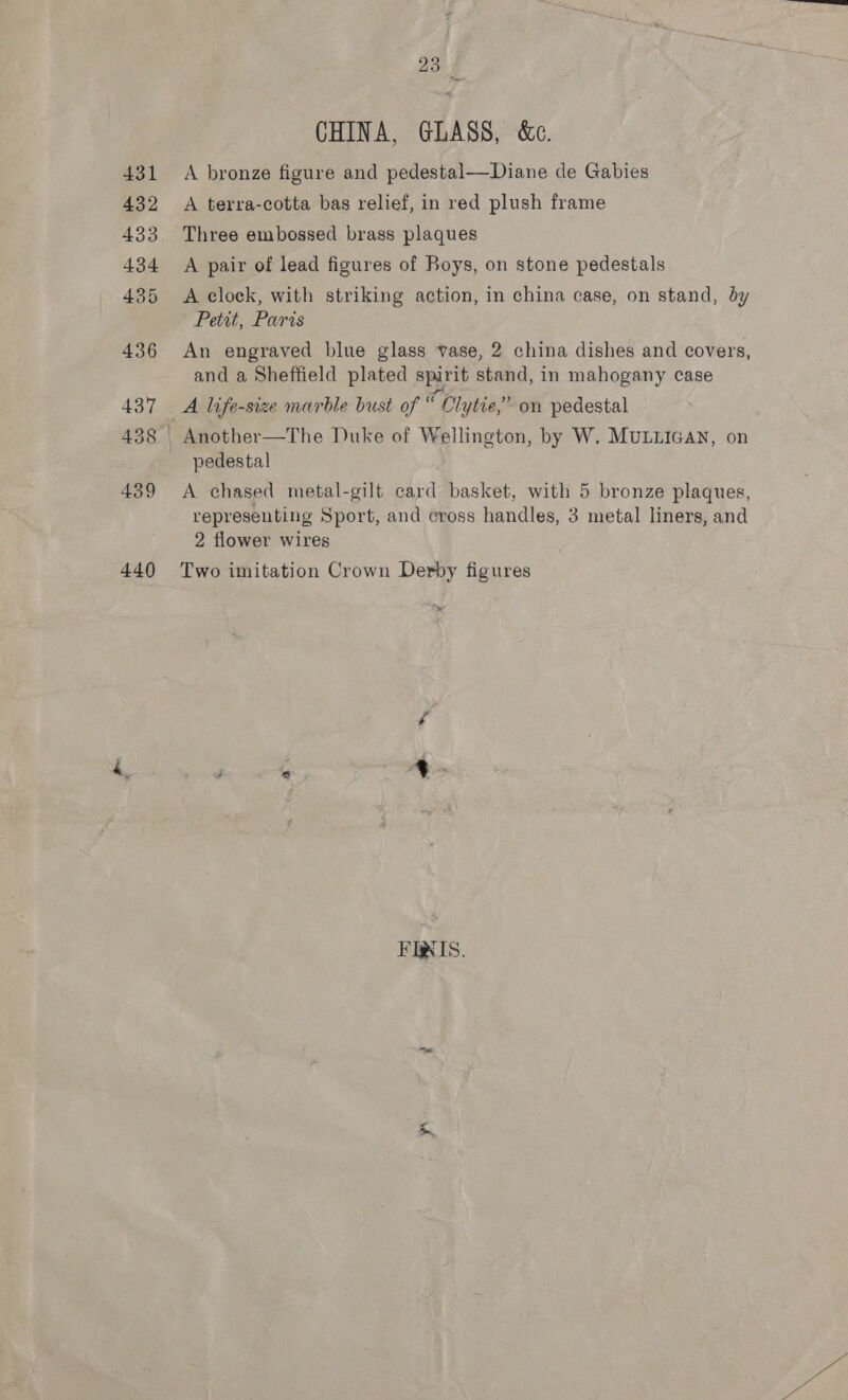 440 CHINA, GLASS, &amp;c. A bronze figure and pedestal—Diane de Gabies A terra-cotta bas relief, in red plush frame Three embossed brass plaques A pair of lead figures of Boys, on stone pedestals A clock, with striking action, in china case, on stand, by An engraved blue glass vase, 2 china dishes and covers, and a Sheffield plated spirit stand, in mahogany case A life-size marble bust of “ Clytie,’ on pedestal Another—The Duke of Wellington, by W, MULLIGAN, on pedestal A chased metal-gilt card basket, with 5 bronze plaques, representing Sport, and cross handles, 3 metal liners, and 2 flower wires Two imitation Crown Derby figures FRNIS.