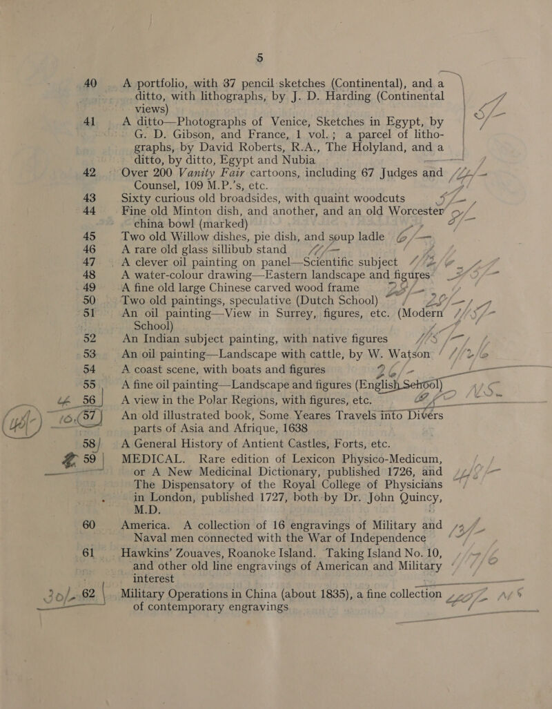 40 . A portfolio, with 37 pencil:sketches (Continental), anda | _.. ditto, with lithographs, by J. D. Harding (Continental views) 4l A ditto—Photographs of Venice, Sketches in Egypt, by | G. D. Gibson, and France, 1 vol.; a parcel of litho- graphs, by David Roberts, R.A., The Holyland, and a ditto, by ditto, Egypt and Nubia. rt 42 - Over 200 Vanity Fairy cartoons, including 67 Judges aad fa Pao Counsel, 109 M.P.’s, etc. 3 43 Sixty curious old broadsides, with quaint woodcuts er 44 Fine old Minton dish, and another, and an old Worcester’ © china bowl (marked) 45 Two old Willow dishes, pie dish, and soup ladle 6 46 A rare old glass sillibub stand ““/— 47 A clever oil painting on panel—Scientific subject 7 p: 48 A water-colour drawing—FEastern landscape and ee 49 A fine old large Chinese carved wood frame a A 50 Two old paintings, speculative (Dutch School) ~ AS /- 51 ~=An oil painting—View in Surrey, figures, etc. (Modern ) fey’ School) for ti LY An Indian subject painting, with native figures Wea fo 53 An oil painting—-Landscape with cattle, by W. Watdont ‘/f/2/e 54 A coast scene, with boats and figures 9 oe ee 55. A fine oil painting—Landscape and figures (Enilish Seto 4 56 | A view in the Polar Regions, with figures, etc. # tlhe: .\ ~45,(57| An old illustrated book, Some. Yeares Travels into” —- . 58 3 A General History of Antient Castles, Forts, etc. @,59| MEDICAL. Rare edition of Lexicon Physico-Medicum, eT a or A New Medicinal Dictionary, published 1726, and /4/' _ The Dispensatory of the Royal College of Physicians _in London, published 1727, both-by Dr. John ae M.D. 60 America. A collection of 16 engravings of Military and ,4, $ ) Naval men connected with the War of Independence ‘~“/ 61. | Hawkins’ Zouaves, Roanoke Island. Taking Island No. 10, and other old line engravings of American and Military : interest ie. ee 32/62 Military Operations in China (about 1835), a fine collection Lhe _— of contemporary engravings Oe aa _—