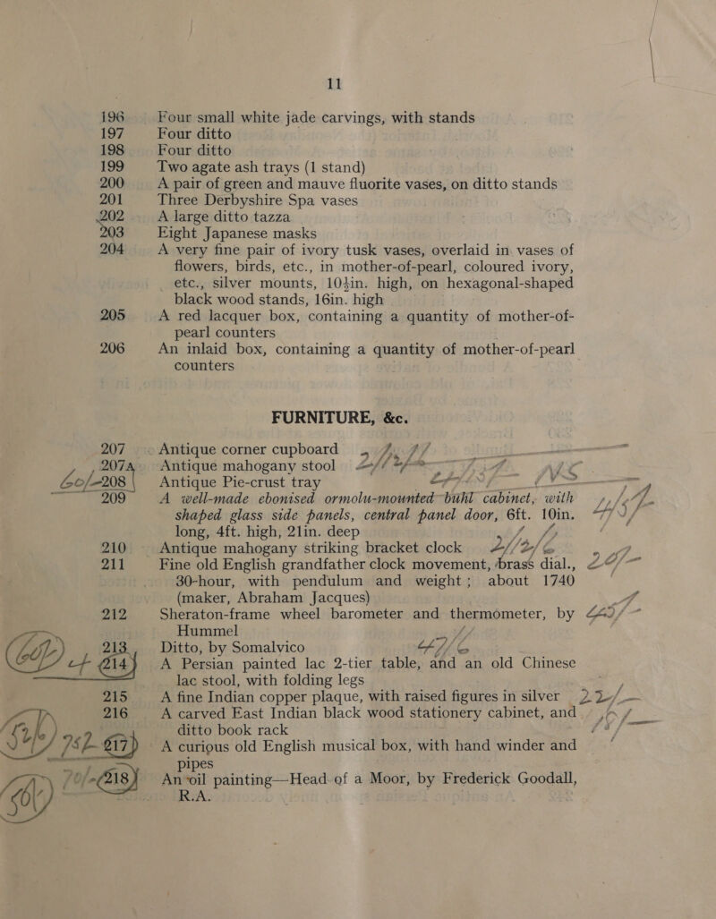 D7 198 199 200 201 202 203 204 205 206 207 207 Gof-208 209 210 211 212 11 Four ditto Four ditto Two agate ash trays (1 stand) A pair of green and mauve fluorite vases, on ditto stands Three Derbyshire Spa vases A large ditto tazza Eight Japanese masks A very fine pair of ivory tusk vases, overlaid in: vases of flowers, birds, etc., in mother-of-pearl, coloured ivory, _ etc., silver mounts, 104in. high, on hexagonal-shaped black wood stands, 16in. high | A red lacquer box, containing a quantity of mother-of- pearl counters counters FURNITURE, &amp;c. 9 SJ f att A é ey sma Antique mahogany stool ; Antique Pie-crust tray efit A well-made ebonised ormolu-mounted buhl Caltiels wrth shaped glass side panels, central panel door, oe pe long, 4ft. high, 2lin. deep ) Antique mahogany striking bracket clock 2f/ ,/ bo Fine old English grandfather clock movement, ‘brass dial., 30-hour, with pendulum and weight ; about 1740 (maker, Abraham Jacques) F Yad Hummel Ditto, by Somalvico A Persian painted lac 2-tier table, se tips an old Chinese lac stool, with folding legs A fine Indian copper plaque, with raised figures in silver A carved East Indian black wood stationery cabinet, and —_ / Ol pipes An oil oo of a Moor, by Frederick Goodall, R.A. gem, Zt i * *
