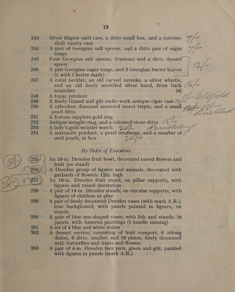  Silver filigree card case, a ditto small box, and a tortoise- tongs spoon A pair Georgian sugar tongs, and 2 Georgian butter knives (1 with Chester mark) and an old finely modelled silver hand, from back A topaz pendant A finely chased and gilt niello work antique cigar case /2 A cabochon diamond mounted insect tiepin, and a small pearl ditto A 5-stone sapphire gold ring See Antique intaglio ring, anda coloured stone ditto /S /&gt; A lady’s.gold wristlet watch Qe/- A d2A-L 4 oo seed pearls, in box LO / = By Order of Executors. An 18-in. Dresden fruit bowl, decorated raised flowers and fruit (no stand) A Dresden group of figures and animals, decorated with _ garlands of flowers, 12in. high An 18in. Dresden fruit stand, on pillar supports, with figures and raised decoration A pair of 14-in. Dresden stands, on circular supports, with figures of children at play A pair of finely decorated Dresden vases (with mark A.R.), rose background, with panels painted in figures, on stands panels, with Amorini paintings (1 handle missing) A set of 4 blue and white dishes A dessert service, consisting of fruit comport, 6 oblong dishes, 6 ditto, smaller, and 18 plates, finely decorated with butterflies and fruits and flowers with figures in panels (mark A.R.) a