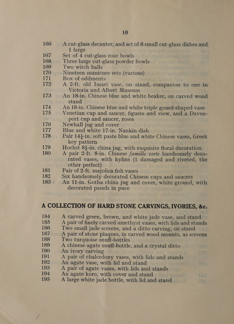 166 167 168 170 171 172 173 174 175 176 177 178 179 180 181 182 10 1 large Set of 4 cut-glass rose bowls Three large cut-glass powder bowls — Two witch balls Nineteen manicure sets (various) Box of oddments j | A 2-ft. old Imari vase, on stand, companion to one in Victoria and Albert Museum | An 18-in. Chinese blue and white beaker, on carved wood stand tj An 18-in. Chinese blue and white triple gourd-shaped vase Venetian cup and saucer, figures and view, and a Daven- port cup and saucer, roses Newhall jug and cover Blue and white 17-in. Nankin dish Pair 144-in. soft paste blue and white Chinese vases, Greek key pattern | Hochst 84-in. china jug, with exquisite floral decoration A pair 2-ft. 8-in. Chinese famille verte handsomely deco- rated vases, with kylins (1 damaged and riveted, the other perfect) Pair of 2-ft. majolica fish vases Six handsomely decorated Chinese cups and saucers An 11-in. Gotha china jug and cover, white ground, with decorated panels in puce 184 185 186 187 188 189 190 191 192 193 194 195 A carved green, brown, and white jade vase, and stand A pair of finely carved amethyst vases, with lids and stands Two small jade screens, and a ditto carving, on stand A pair of stone plaques, in carved wood mounts, as screens Two turquoise snuff-bottles A chinese agate snuff-bottle, and a crystal ditto An ivory carving A pair of chalcedony vases, with lids'and stands An agate vase, with lid and stand — A pair of agate vases, with lids and stands An agate koro, with cover and stand A large white jade bottle, with lid and-stand