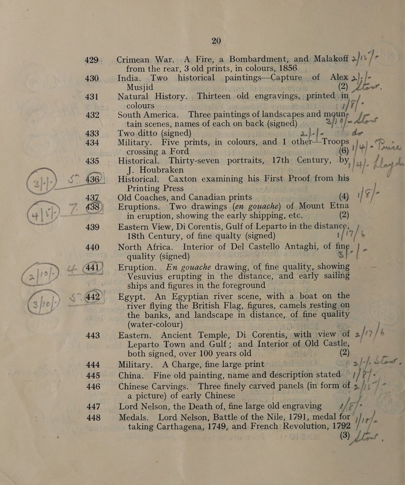 Crimean War. A Fire, a Bombardment, and Malakoff ais’ ]- from the rear, 3 old prints, in colours, 1856. India. . Two historical paintings—Capture of Alex 3)./- Musjid (2) Me. Natural History. . Thirteen old engravings, printed . in colours. wud ti] * South America. Three paintings of landscapes and ie un Pa tain scenes, names of each on back (signed)... ~ dhs Two ditto (signed) ah he de Military. Five prints, in colours, and 1 Pe eR ee i} LP: crossing a Ford. RCN hl A ten Historical. Thirty-seven portraits, 17th Century, ‘by, i 4). f} | J. Houbraken ena ao | Historical. Caxton examining his. First Proof from his : Printing Press Old Coaches, and Canadian prints,, 4) ! ) Eruptions. Two drawings (en gouache) of. Mount Etna in eruption, showing the early shipping, etc. 2 Eastern View, Di Corentis, Gulf of Leparto in the distance, 18th Century, of fine qualty (signed) / i IT] b North Africa. Interior of Del Castello Antaghi, of fine.) quality (signed) rig Eruption. En gouache ariweee of fine quality, showing Vesuvius erupting in the distance, and. early sailing ships and figures in the foreground Egypt. An Egyptian river scene, with a.boat on the river flying the British Flag, figures, camels resting on the banks, and landscape in distance, of. qne eet (water- colour) | Eastern. Ancient Temple, Di Corentis, with view ‘of 2/17 / 6 Leparto Town and Gulf; and Interior of Qld Castle, | both signed, over 100 years old , 2) p&gt; Military. A Charge, fine large print | 2}. Slow, ma} to da x : Chinese Carvings. Three finely carved panels (in form of 3. 7 42 a picture) of early Chinese . Lord Nelson, the Death of, fine large old engraving Af. Medals. Lord Nelson, Battle of the Nile, 1791, medal for Eh ie fl