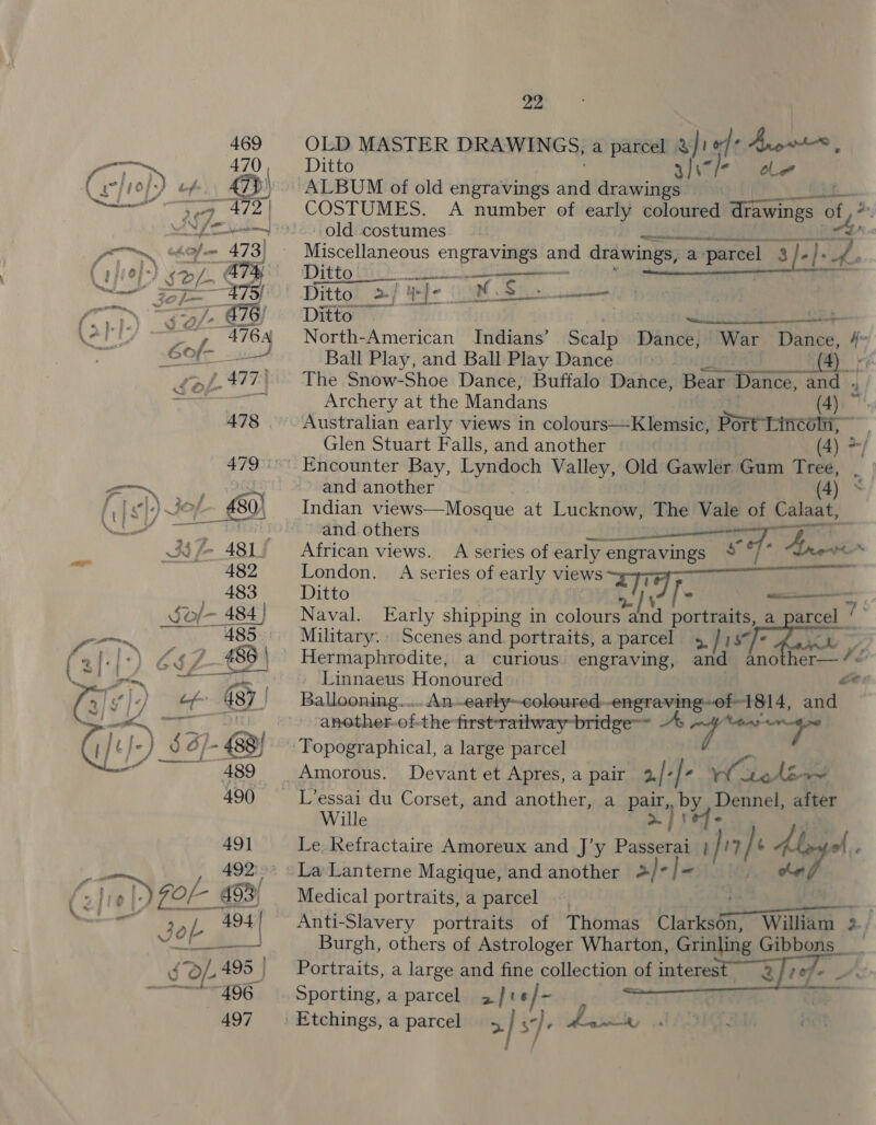  - 482 483 So/- 484] eee 485° fah-[&gt;) &gt;Q 2 486 | Sey Tem, come oo ely ae 437 a et | f J- 5 a g 8&amp;8 ae 89 490 491 492). Chie FOL a3) ~ 494 Job Pit SO). 495 | a DG 497 22 OLD MASTER DRAWINGS, a parcel 3)! Jet: Apt , Ditto 3]\“l- ole ALBUM of old engravings ae drawings COSTUMES. A number of early coloured drawi wings eG, - old costumes Ax. Misééllaneous cna and drawings, : a + parcel ‘3/e] [ph Ditto cee i a ARS Wt ie ARI    ' Bittgl of Bie Ge Sao nes Ditto ~ } _ North-American Indians’ Scalp Dances “War Date, wy Ball Play, and Ball Play Dance’ (4) - The Snow-Shoe Dance, Buffalo Dance, Bear Dance, and «| Archery at the Mandans (4) ~ Australian early views in colours—Klemsic, Dore Lincot— Glen Stuart Falls, and another (4) -/ ¢ _ and another (4) Indian views—Mosque at Lucknow, The Vale of Calaat, London. A series of early views Ditto [- ——~ J / * : Naval. Early shipping in colours A portraits, a eral 7 Military... Scenes and. portraits, a parcel 4. } 187] . pa a3 Linnaeus Honoured ee: Ballooning..... An..early~coloured.- -onaecivinelall 814, and another-of-the firstratlway bridge As ae. er L’essai du Corset, and another, a pair, by Deaneh after Wille a) req Le. Refractaire Amoreux and J’y ai 1} In) ie: a La Lanterne Magique, and another 2] }-] mesh} Medical portraits, a parcel Anti-Slavery portraits of Thomas Clarksén, William 2./ Burgh, others of Astrologer Wharton, Grinling Gibbons Portraits, a large and fine collection of interes a}?