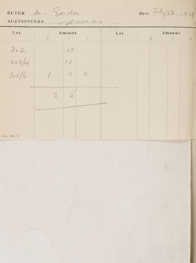  BUYER ni  AUCTIONEERS. ......... Lot | Amount Lot | 4 Ay a, | £ Boo (3, 303/y rea 3osHl | / 0 o | |              Sty. Miu. 3 : | 