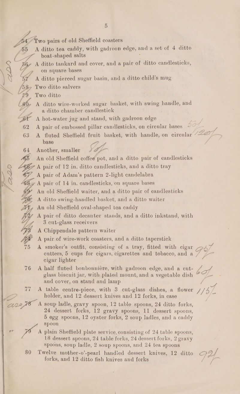   64 Two pairs of old Sheffield coasters 55 &lt;A ditto tea caddy, with gadroon edge, ae a set of 4 ditto boat-shaped salts q / oF ditto tankard and cover, and a pair of ditto candlesticks, _» on square bases 1\ “if A ditto pierced sugar basin, and a ditto child’s mug ~~ [38&gt; Two ditto salvers ~ “59 Two ditto (96, A ditto wire-worked sugar basket, with swing handle, and “/ , a ditto chamber candlestick ar A hot-water jug and stand, with gadroon edge 62 &lt;A pair of embossed pillar candlesticks, on circular bases base wy, 64 Another, smaller d ae _ An old Sheffield coffee pot, and a ditto pair of candlesticks aT b7 A pair of 12 in. ditto candlesticks, and a ditto tray 47 A pair of Adam’s pattern 2-light candelabra x AK; A pair of 14 in. candlesticks, on square bases = 6 An old Sheffield waiter, and a ditto pair of candlesticks ie A ditto swing-handled basket, and a ditto waiter Ly An old Sheffield oval-shaped tea caddy Wy A pair of ditto decanter stands, and a ditto inkstand, with “/ ¢ 3 cut-glass receivers iy A Chippendale pattern waiter i pair of wire-work coasters, and a ditto taperstick  cigar lighter 76 A half fluted bonbonniére, with gadroon edge, and a cut- glass biscuit jar, with plated mount, and a vegetable dish and cover, on stand and lamp 77 A table centre-piece, with 3 cut-glass dishes, a flower holder, and 12 dessert knives and 12 forks, in case  to L222 BO A soup ladle, gravy spoon, 12 table spoons, 24 ditto forks, 5 egg spoons, 12 oyster forks, 2 soup ladles, and a caddy : spoon ‘Ad Wes plain Sheffield plate service, consisting of 24 table spoons, f 18 dessert spoons, 24 table forks, 24 dessert forks, 2 gravy Spoons, soup ladle, 2 soup spoons, and 24 tea spoons 80 ‘Twelve mother-o’-pearl handled dessert knives, 12 ditto forks, and 12 ditto fish knives and forks ad