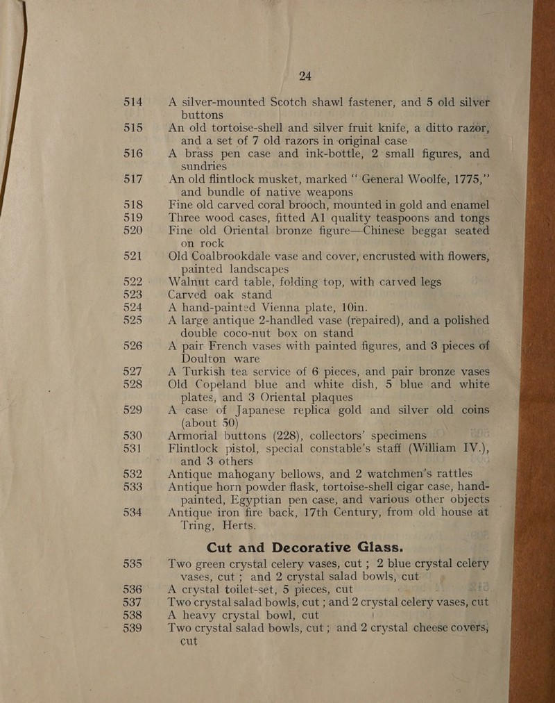 514 515 516 517 518 519 520 52] 923 524 525 526 929 530 531 532 533 534 535 537 538 539 24 A silver-mounted Scotch shawl fastener, and 5 old silver buttons An old tortoise-shell and gilbeE fruit knife, a ditto razor, and a set of 7 old razors in -original case A brass pen case and ink-bottle, 2 small bee and sundries An old flintlock musket, marked “ General Woolfe, 1775,” and bundle of native weapons Fine old carved coral brooch, mounted in gold and enamel Three wood cases, fitted Al quality teaspoons and tongs Fine old Oriental bronze figure—Chinese beggar seated on rock Old Coalbrookdale vase and cover, encrusted with flowers, painted landscapes 3 Walnut card table, folding top, with waren legs Carved oak stand A hand-painted Vienna plate, 10in. A large antique 2-handled vase (repaired), and a polished double coco-nut box on stand A pair French vases with painted figures, and 3 pieces of Doulton ware | A Turkish tea service of 6 pieces, and pair bronze vases plates, and 3 Oriental plaques A case of Japanese replica gold and silver old coins (about 50) Armorial buttons (228), collectors’ spaclitions and 3 others Antique mahogany bellows, and 2 watchmen’s rattles Antique horn powder flask, tortoise-shell cigar case, hand- painted, Egyptian pen case, and various other objects — Antique iron fire back, 17th Century, from old house at Tring; Hert Cut and Decorative Glass. Two green crystal celery vases, cut ; 2 blue crystal celery vases, cut ; and 2 crystal salad bowls, cut if Two crystal salad bowls, cut ; and 2 devel celery vases, cut | A heavy crystal bowl, cut | Two crystal salad bowls, cut ; and 2 crystal cheese covers; cut 