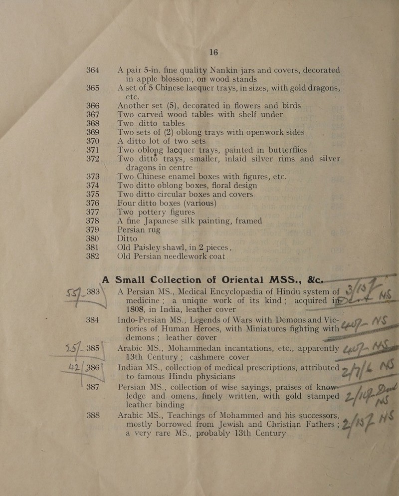A pair 5-in. fine quality Nankin jars and covers, decorated in apple blossom, on wood stands A set of 5 Chinese lacquer trays, in sizes, with gold GTIBONS eae Another set (5), decorated in flowers and birds Two carved wood tables with shelf under Two ditto tables Two sets of (2) oblong trays with openwork sides A ditto lot of two sets Two oblong lacquer trays, painted in butterflies Two ditto trays, smaller, inlaid silver rims and silver dragons in centre Two Chinese enamel boxes with figures, etc. Two ditto oblong boxes, floral design Two ditto circular boxes and covers Four ditto boxes (various) Two pottery figures . A fine Japanese silk painting, framed | f Persian rug Ditto Old Paisley shawl, in 2 pieces, Old Persian needlework coat A Persian MS., Medical Encyclopedia of Hindu eye of w at ay Pas medicine ; a unique work of its kind ; acquired ige&gt;e-r 1 1808, in India, leather cover &lt;a Indo-Persian MS., Legends of Wars with Demons and Vic- _ Z pn nS tories of Human Heroes, with Miniatures fighting vata ul demons ; leather cover as Arabic MS., Mohammedan incantations, etc., apparent we; 13th Century ; cashmere cover Indian MS., collection of medical prescriptions, attributed Ae t {x ns to famous Hindu physicians Persian MS., collection of wise sayings, praises of know- ledge and omens, finely written, with gold stamped zp ns leather binding Arabic MS., Teachings of Mohammed and his successors, 2p      Asem ates mostly borrowed from Jewish and Christian Fathers ; a very rare MS., probably 13th Century