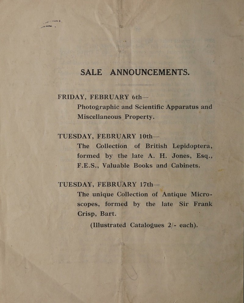 ee aw SALE ANNOUNCEMENTS.  FRIDAY, FEBRUARY 6th— Photographic and Scientific Apparatus and Miscellaneous Property. TUESDAY, FEBRUARY 10th— | F.E.S., Valuable Books and Cabinets. TUESDAY, FEBRUARY 17th— The unique Collection of “Antique Micro- scopes, formed by the late Sir Frank Crisp, Bart. : (Illustrated Catalogues 2/- each). 