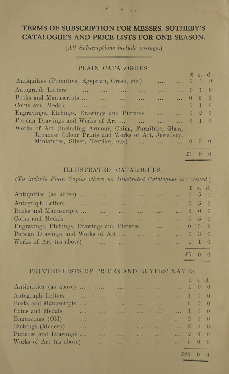 TERMS OF SUBSCRIPTION FOR MESSRS. SOTHEBY’S CATALOGUES AND PRICE LISTS FOR ONE SEASON. (All Subscriptions include postage.)   PLAIN CATALOGUES. £ OS Antiquities (Primitive, Egyptian, Greek, ete.) eal Autograph Letters a. =a. a ae eit! beget h Books and Manuscripts ... as iad te iy See a, &lt;Q Coins and Medals hey i: Engravings, Etchings, Diamine Atal Hitrares O12 Persian Drawings and Works of Art . eal Works of Art (including Armour, Chiat fener. GEE. Japanese Colour Prints and Works of Art, J ewellery, Miniatures, Silver, Textiles, etc.) ... a ear aps .0  ILLUSTRATED CATALOGUES. (Lo include Plain Copies where no Illustrated Catalogues are issued.) apie: d. Antiquities (as above) ... eee 0 Autograph Letters ne a “pe aie Poe. 0 Books and Manuscripts ... Bed a on ate mae), &gt; Coins and Medals _ ais ee Oya. 0 Hngravings, Etchings, Drawings and Bigatres 010 6 Persian Drawings and Works of Art . 0 3 0 Works of Art (as above) peat) £5 0 0 PRINTED LISTS OF PRICES AND BUYERS’ NAMES 7 eee PO; Antiquities (as above) ... oe Ae a he Bear ike 7:Q).-Q Autograph Letters morn 0) Books and Manuscripts ... ’ bast 0 Coins and Medals 0 &gt; 0) Engravings (Old) a. 0 0 Htchings (Modern) . ge 020 Pictures and Drawings ... a0. 0 Works of Art (as above) Death. 'O