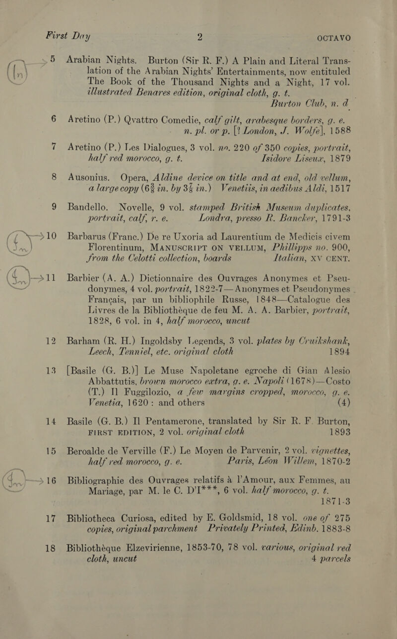 —~ 9) 13 14 17 18 OCTAVO Arabian Nights. Burton (Sir R. F.) A Plain and Literal Trans- lation of the Arabian Nights’ Entertainments, now entituled The Book of the Thousand Nights and a Night, 17 vol. ellustrated Benares edition, original cloth, g. t. Burton Club, n.d Aretino (P.) Qvattro Comedie, calf gilt, arabesque borders, g. e. n. pl. or p. |? London, J. Wolfe}, 1588 Aretino (P.) Les Dialogues, 3 vol. no. 220 of 350 copies, portrait, half red morocco, g. t. Isidore Liseux, 1879 Ausonius. Opera, Aldine device on title and at end, old vellum, a large copy (6% in. by 3g in.) Venetiis, in aedibus Aldi, 1517 Bandello. Novelle, 9 vol. stamped British Museum duplicates, portrait, calf, r. é. Londra, presso R. Bancker, 1791-3 Barbarus (Franc.) De re Uxoria ad Laurentium de Medicis civem Florentinum, MANUSCRIPT ON VELLUM, Phillipps no. 900, Jrom the Celotti collection, boards ltalian, XV CENT. Barbier (A. A.) Dictionnaire des Ouvrages Anonymes et Pseu- donymes, 4 vol. portrait, 1822-7— Anonymes et Pseudonymes . Francais, par un bibliophile Russe, 1848—Catalogue des Livres de la Bibliothéque de feu M. A. A. Barbier, portrazt, 1828, 6 vol. in 4, half morocco, uncut Barham (R. H.) Ingoldsby T.egends, 3 vol. plates by Cruikshank, Leech, Tenniel, etc. original cloth 1894 [Basile (G. B.)] Le Muse Napoletane egroche di Gian Alesio Abbattutis, brown morocco extra, g. e. Napoli (1678)—Costo (T.) Il Fuggilozio, a few margins cropped, morocco, g. @. Venetia, 1620: and others (4) Basile (G. B.) Il Pentamerone, translated by Sir R. F. Burton, FIRST EDITION, 2 vol. original cloth 1893 Beroalde de Verville (F.) Le Moyen de Parvenir, 2 vol. vignettes, half red morocco, g. @. Paris, Léon Willem, 1870-2 Bibliographie des Ouvrages relatifs 4 l Amour, aux Femmes, au Mariage, par M. le C. D’I***, 6 vol. half morocco, g. t. 1871-3 Bibliotheca Curiosa, edited by E. Goldsmid, 18 vol. one of 275 copies, original parchment Privately Printed, Edinb. 1883-8 Bibliothéque Elzevirienne, 1853-70, 78 vol. various, original red