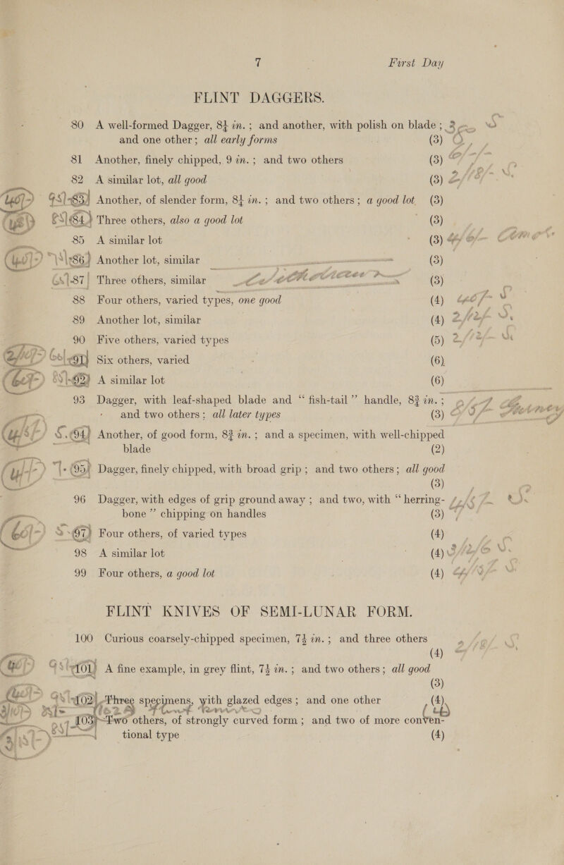 and one other; all cant anes (3) © 81 Another, finely chipped, 9 an. ; and two others (3) | e 82. A similar lot, all good | (3) 2 : Uo&gt; Gs) 83) Another, of slender form, 84 in. ; and two others; a good lot (8) (ys) gS) 84) Three others, also a good lot | bye 3 | a 85 A similar lot (3) @ 40&gt; “A \ 286) | Another lot, similar mere (3) F 1.87) Three others, similar to Ce JPee sclamiimsislilors (3) ms 88 Four others, varied types, one good (4) &amp; F a v 89 Another lot, similar : (4) 2fer _— 90 Five others, varied types (5) &amp; we Se ; | 91} Six others, varied (6) f y-) 8) |-65) A similar lot (6) : 93 Dagger, with leaf-shaped blade and “ fish-tail” handle, 82in.; y we wr and two others; all later types (3) &amp; Df” ht ( ls, §. 4) Another, of good form, 827m. ; and a specimen, with well-chipped 3 —— ve blade (2) fille “{. 65) Dagger, finely chipped, with broad grip; and two others; all good ‘a F 3 “@ 96 Dagger, with edges of grip ground away ; and two, with “ pela. / et) o~, bone ” chipping on handles (3) ~ f bc} Ss 6D Four others, of varied types (4) | — 98 A similar lot (4) J . be : 99 Four others, a good lot (4) | fifo \ FLINT KNIVES OF SEMI-LUNAR FORM. 100 Curious coarsely-chipped specimen, 74 %.; and three others é oe er (4) . — iis aol) A fine example, in grey flint, 74 2m. ; and two others; all sae  eer wrl tional type (4)