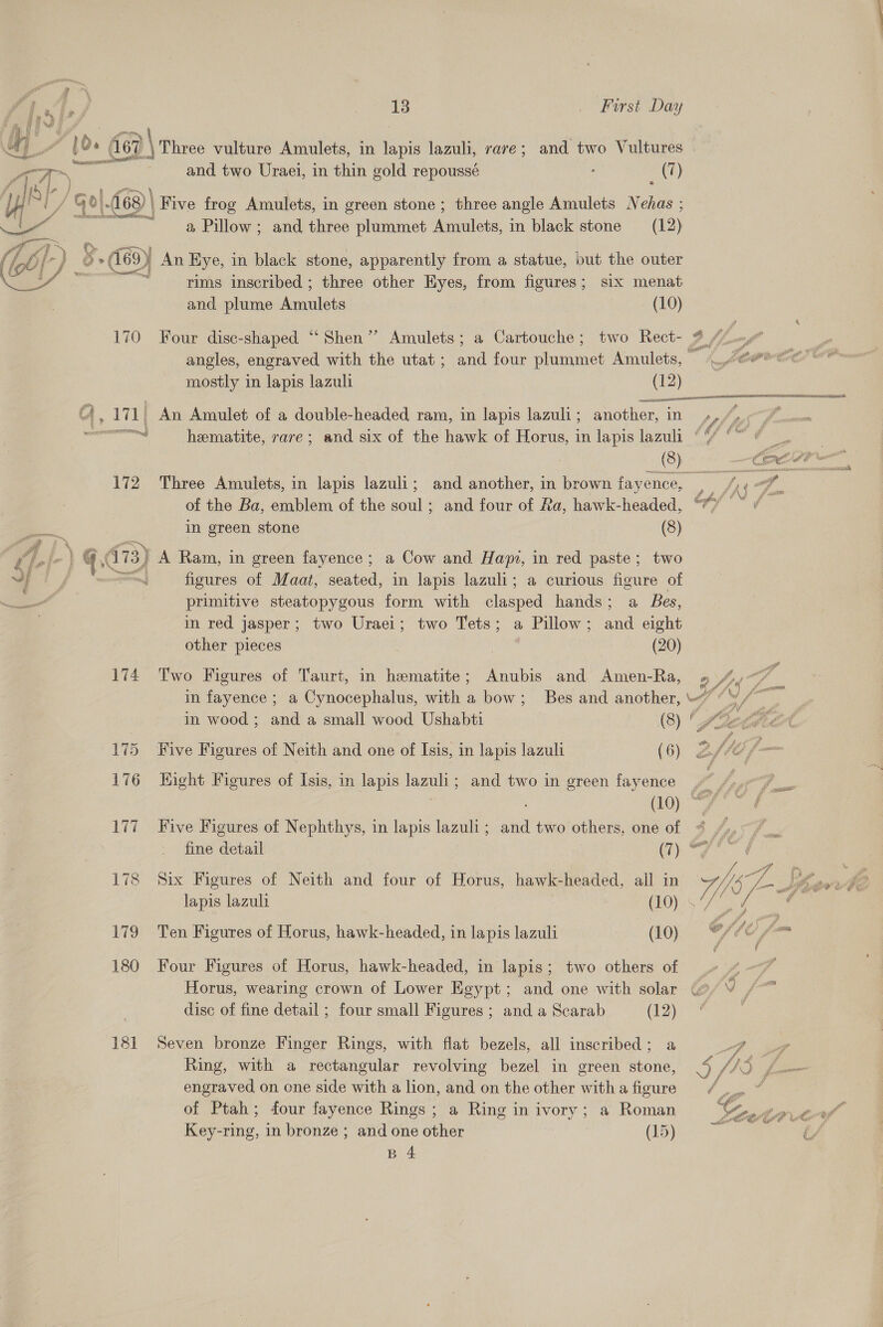  100, (ie? | »| \ Three vulture Amulets, in lapis lazuli, rare; and two Vultures = and two Uraei, in thin gold repoussé ; (7) Go|.d68) | Five frog Amulets, in green stone ; three angle Amulets Nehas ; SEED a Pillow ; and three plummet bee in black stone (12) qe) 3» (169) } An Kye, in black stone, apparently from a statue, but the outer : “rims inscribed ; three other Eyes, from figures; six menat and plume Amulets (10) mostly in lapis lazuli (12) Wi HW An Amulet of a double-headed ram, in lapis lazuli; another, in 172 Three Amulets, in lapis lazuli; and another, in brown fayence, of the Ba, emblem of the soul; and four of Ra, hawk-headed, , in green stone (8) id) ) q 73} A Ram, in green fayence; a Cow and Hapi, in red paste; two 4} oem figures of Maat, seated, in lapis lazuli; a curious figure of | primitive steatopygous form with clasped hands; a Bes, in red jasper; two Uraei; two Tets; a Pillow; and eight other pieces 7 (20) 174 Two Figures of Taurt, in hematite; Anubis and Amen-Ra, in fayence ; a Cynocephalus, with a bow; Bes and another, icc i eh RAAT AUC E I ADDONS PL OE AE IEE 175 Five Figures of Neith and one of Isis, in lapis lazuli (6) 176 Hight Figures of Isis, in lapis lazuli; and two in green fayence 177 Five Figures of Nephthys, in lapis lazuli; and two others, one of 178 Six Figures of Neith and four of Horus, hawk-headed, all in 179 Ten Figures of Horus, hawk-headed, in lapis lazuli (10) 180 Four Figures of Horus, hawk-headed, in lapis; two others of Horus, wearing crown of Lower Egypt; and one with solar disc of fine detail ; four small Figures ; and a Scarab (12) 181 Seven bronze Finger Rings, with flat bezels, all inscribed; a Ring, with a rectangular revolving bezel in green stone, engraved on cne side with a lion, and on the other with a figure of Ptah; four fayence Rings; a Ring in ivory; a Roman Key-ring, in bronze ; and one other (15) B 4