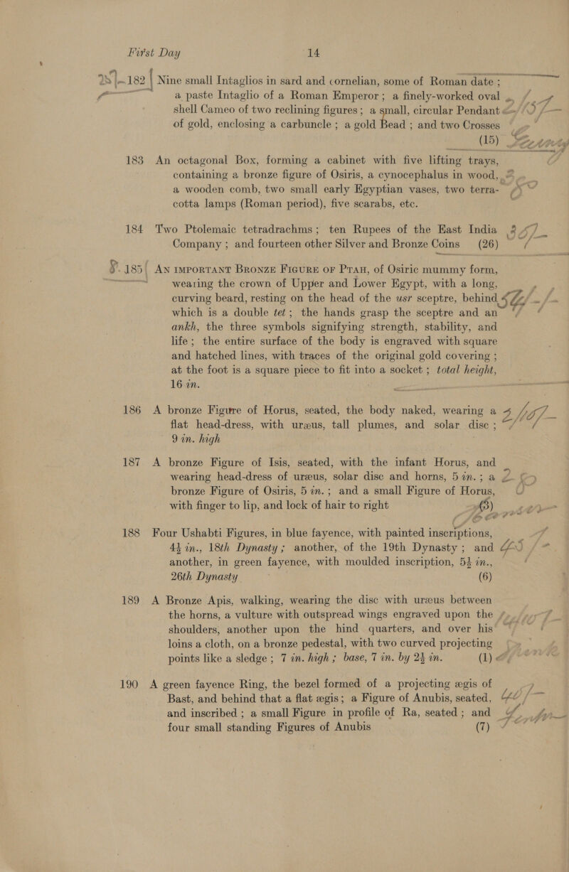 » 182 | Nine small Intaglios in sard and cornelian, some of Romandates °° oe | a paste Intaglio of a Roman eee a finely-worked oval ,, / + shell Cameo of two reclining figures ; all, circular Pendant &lt;=) /- of gold, enclosing a carbuncle ; a wold ead ; and two Crosses , (15) j ry ited 183 An octagonal Box, forming a cabinet with five lifting’ trays, containing a bronze figure of Osiris, a cynocephalus in wood,“ a wooden comb, two small early Egyptian vases, two bees f cotta lamps (Roman period), five scarabs, etc.  184 Two Ptolemaic tetradrachms; ten Rupees of the East India 3, go. Company ; and fourteen other Silver and Bronze Coins (26) / 9.485) Aw important Bronze Figure oF Prau, of Osiric mummy form, re wearing the crown of Upper and Lower Egypt, with a long, _ curving beard, resting on the head of the usr sceptre, behind &lt;4 which is a double tet; the hands grasp the sceptre and an ‘/ ankh, the three symbols signifying strength, stability, and life; the entire surface of the body is engraved with square and hatched lines, with traces of the original gold covering ; at the foot is a square piece to fit into a socket ; total height,  16 an. : 186 A bronze Figure of Horus, seated, the body naked, wearing a 4 vA oe flat head-dress, with ureus, tall plumes, and solar disc; op at 9 an. high 187. A bronze Figure of Isis, seated, with the infant Horus, and wearing head-dress of ureeus, solar disc and horns, 5in.; a g@- &gt; bronze Figure of Osiris, 5 in.; and a small Figure of Horus, 3B with finger to lip, and lock of fae to right f) Ath 188 Four Ushabti Figures, in blue fayence, with painted iia cin Loy 43 in., 18th Dynasty ; another, of the 19th Dynasty ; and a . pote’ in green fayence, with moulded inscription, 54in., = 26th Dynasty | ; (6) 189 A Bronze Apis, walking, wearing the disc with ureus between the horns, a vulture with outspread wings engraved upon the , shoulders, another upon the hind quarters, and over his loins a cloth, on a bronze pedestal, with two curved projecting | points like a sledge ; 7 in. high; base, 7 in. by 23 in. (1) Af 190 A green fayence Ring, the bezel formed of a projecting egis of a Bast, and behind that a flat «gis; a Figure of Anubis, seated, ¢ and inscribed ; a small Figure in profile of Ra, seated ; and o. ti— four small standing Figures of Anubis (Gets