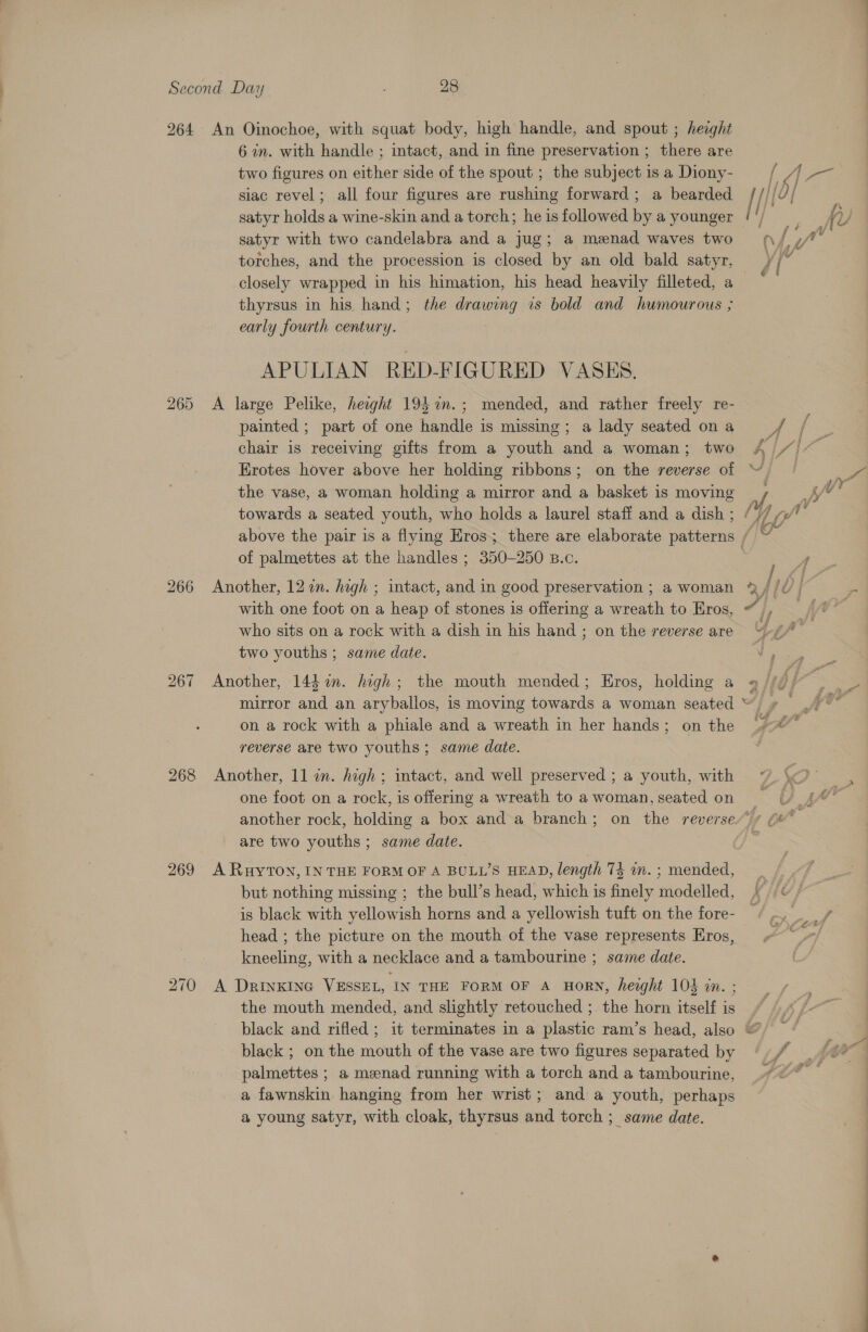 264 265 266 267 268 269 270 An Oinochoe, with squat body, high handle, and spout ; hezght 6 in. with handle ; intact, and in fine preservation ; there are two figures on either side of the spout ; the subject is a Diony- siac revel; all four figures are rushing forward; a bearded satyr holds a wine-skin and a torch; he is followed by a younger satyr with two candelabra and a jug; a menad waves two torches, and the procession is closed by an old bald satyr, thyrsus in his, hand; the drawing is bold and humourous ; early fourth century. APULIAN RED-FIGURED VASES. A large Pelike, heaght 194 %n.; mended, and rather freely re- painted ; part of one handle is missing; a lady seated on a chair is receiving gifts from a youth and a woman; two Erotes hover above her holding ribbons; on the reverse of the vase, a woman holding a mirror and a basket is moving of palmettes at the handles ; 350-250 B.c. Another, 12 in. high ; intact, and in good preservation ; a woman with one foot on a heap of stones is offering a wreath to Eros, who sits on a rock with a dish in his hand ; on the reverse are two youths ; same date. Another, 144 in. high; the mouth mended; Eros, holding a on a rock with a phiale and a wreath in her hands; on the reverse are two youths; same date. Another, 11 in. high ; intact, and well preserved ; a youth, with one foot on a rock, is offering a wreath to a woman, seated on are two youths ; same date. A RuyTON, IN THE FORM OF A BULL’S HEAD, length 74 in. ; mended, but nothing missing ; the bull’s head, which is finely modelled, is black with yellowish horns and a yellowish tuft on the fore- kneeling, with a necklace and a tambourine ; same date. A DRINKING VESSEL, IN THE FORM OF A HORN, height 105 in. ; the mouth mended, and slightly retouched ; the horn itself is black ; on the mouth of the vase are two figures separated by palmettes ; a meenad running with a torch and a tambourine, a fawnskin hanging from her wrist; and a youth, perhaps a young satyr, with cloak, thyrsus and torch ; same date.