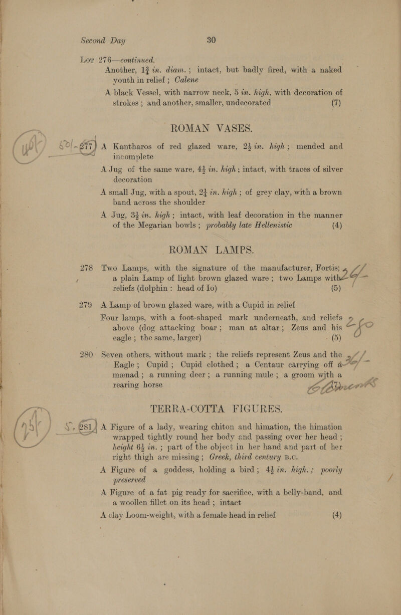 RE Whcmreeenett en Second Day 30 Lor 276—continued. ; Another, 12 in. diam.; intact, but badly fired, with a naked youth in relief ; Calene A black Vessel, with narrow neck, 5 in. high, with decoration of strokes ; and another, smaller, undecorated (7) ROMAN VASES. J incomplete A Jug of the same ware, 44 in. high; intact, with traces of silver decoration A small Jug, with a spout, 24 on. high ; of grey clay, with a brown band across the shoulder A Jug, 3h in. high; intact, with leaf decoration in the manner of the Megarian bowls; probably late Hellenistic (4) ROMAN LAMPS. 278 Two Lamps, with the signature of the manufacturer, Fortis; 2G. a plain Lamp of light brown glazed ware; two Lamps with reliefs (dolphin : head of Io) f 279 A Lamp of brown glazed ware, with a Cupid in relief Four lamps, with a foot-shaped mark underneath, and reliefs o » | above (dog attacking boar; man at altar; Zeus and his cf an eagle ; the same, larger) : - (5) C 280 Seven others, without mark ; the reliefs represent Zeus and the ,/ / Eagle; Cupid; Cupid clothed; a Centaur carrying off a7 menad; a running deer; a running mule; a groom with a rearing horse Z fy - wo TERRA-COTTA FIGURES. 281 A Figure of a lady, wearing chiton and himation, the himation ; wrapped nay round her body and passing over her head ; height 64 wn. ; part of the object in her hand and part of her right thigh are missing; Greek, third century B.c. A Figure of a goddess, holding a bird; 4} %n. hagh.; poorly preserved A Figure of a fat pig ready for sacrifice, with a belly- Sean and. a woollen fillet on its head ; intact A clay Loom-weight, with a female head in relief (4)