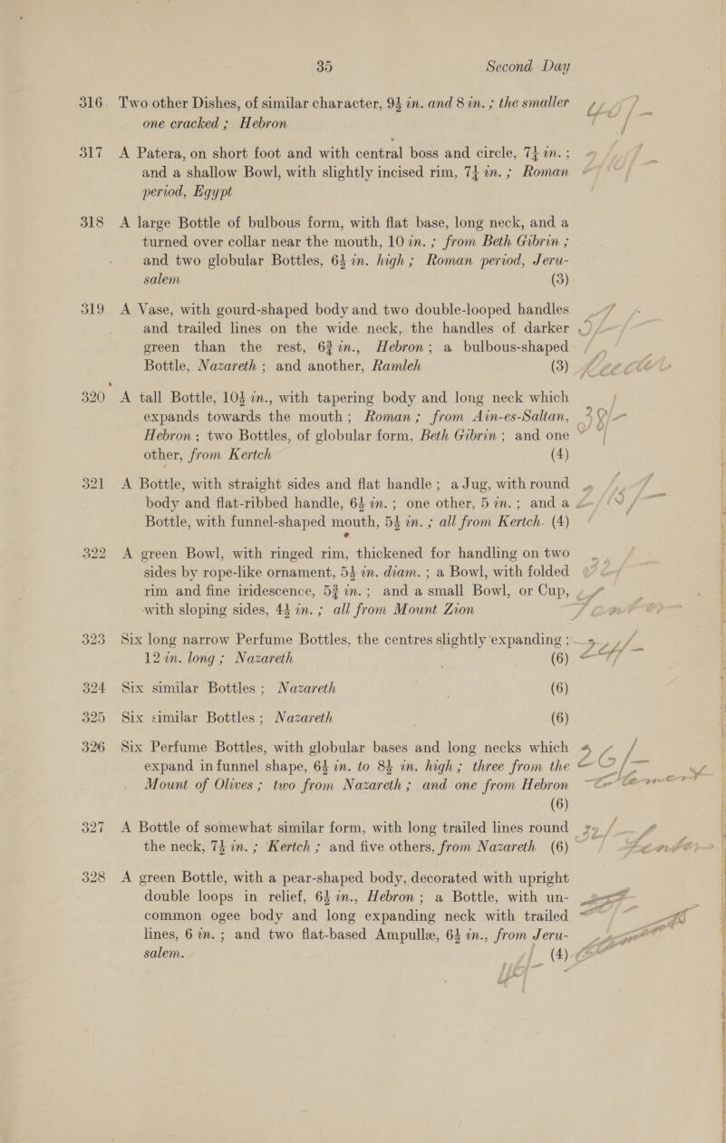 316 317 318 319 328 30 Second Day Two other Dishes, of similar character, 93 in. and 8 in. ; the smaller one cracked ; Hebron A Patera, on short foot and with central boss and circle, Td in. ; and a shallow Bowl, with slightly incised rim, 74m. ; Roman period, Egypt A large Bottle of bulbous form, with flat base, long neck, and a turned over collar near the mouth, 10 in. ; from Beth Gubrin ; and two globular Bottles, 64%. high ; Roman period, Seru- salem (3) A Vase, with gourd-shaped body and two double-looped handles ereen than the rest, 62%., Hebron; a bulbous-shaped A tall Bottle, 103 a., with tapering body and long neck which other, from Kertch (4) A Bottle, with straight sides and flat handle; a Jug, with round Bottle, with funnel-shaped mouth, 54 in. ; all from Kertch. (4) A green Bowl, with ringed rim, thickened for handling on two sides by rope-like ornament, 54 in. diam. ; a Bowl, with folded with sloping sides, 44 1n.; all from Mount Zion 12 an. long ; Nazareth (6) Six similar Bottles ; Nazareth oui (6) Six similar Bottles ; Nazareth (6) Six Perfume Bottles, with globular bases and long necks which expand in funnel shape, 64 7in. to 84 in. high; three from the Mount of Olives ; two from Nazareth ; and one from Hebron (6) A Bottle of somewhat similar form, with long trailed lines round A green Bottle, with a pear-shaped body, decorated with upright double loops in relief, 64 2n., Hebron; a Bottle, with un- common ogee body and long expanding neck with trailed Ps)