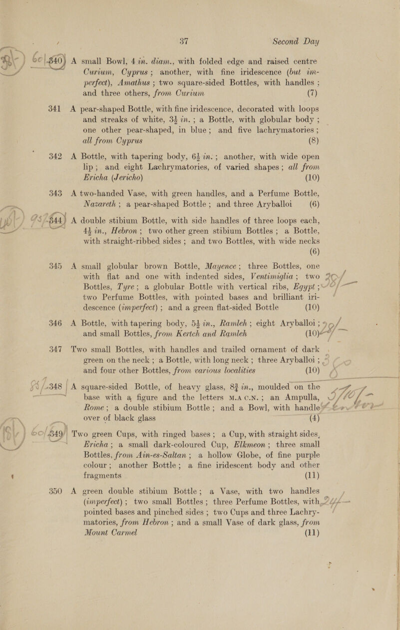 Curtum, Cyprus; another, with fine iridescence (but wm- perfect), Amathus ; two square-sided Bottles, with handles ; and three others, from Curium (7) 341 &lt;A pear-shaped Bottle, with fine iridescence, decorated with loops and streaks of white, 34 7in.; a Bottle, with globular body ; one other pear-shaped, in blue; and five lachrymatories ; all from Cyprus (8) 342 A Bottle, with tapering body, 64%. ; another, with wide open lip; and eight Lachrymatories, of varied shapes; all from Ericha (Jericho) . (10) 343 A two-handed Vase, with green handles, and a Perfume Bottle, Nazareth ; a pear-shaped Bottle; and three Aryballoi (6) oe 43,on., Hebron; two other green stibium Bottles ; a Bottle, with aire abiiphed sides ; and two Bottles, ite wide necks (6) 345 &lt;A smail globular brown Bottle, Mayence; three Bottles, one Bottles, Tyre; a globular Bottle with vertical ribs, Egypt ;' two Perfume Bottles, with pointed bases and brilliant in- descence (amperfect) ; and a green flat-sided Bottle (10) 346 A Bottle, with tapering body, 54 in., Ramleh ; eight Aryballoi ; - and small Bottles, from Kertch and Ramleh (Loy4 green on the neck ; a Bottle, with long neck ; three Aryballoi ; base with a figure and the letters M.ac.N.; an Ampulla, over of black glass (4) Ericha; a small dark-coloured Guns Elkmeon ; three small Bottles, from Awn-es-Saltan ; a hollow Globe, of fine purple colour; another Bottle; a fine iridescent body and other fragments (11) 350 A green double stibium Bottle; a Vase, with two handles pointed bases and pinched sides ; two Cups and three Lachry- matories, from Hebron ; and a small Vase of dark glass, from Mount Carmel (11)