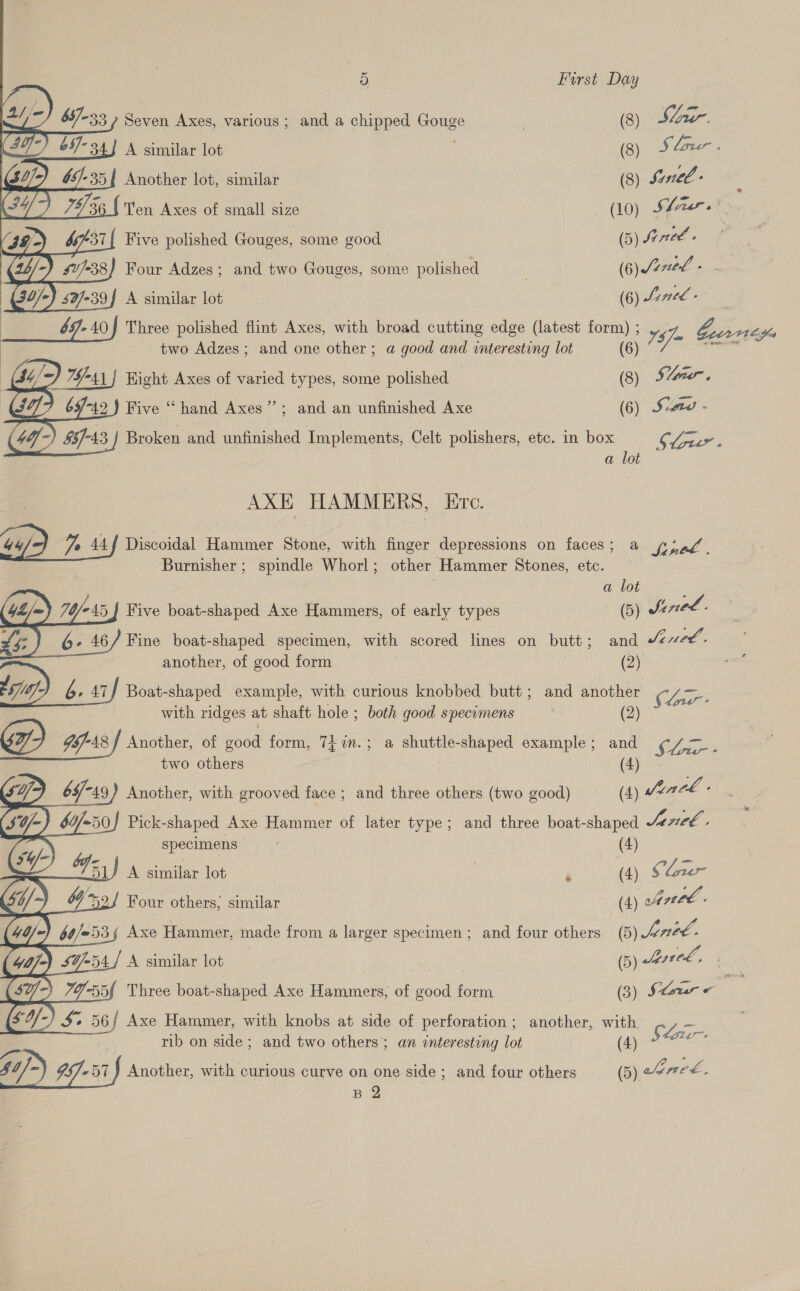  Seven Axes, various; and a chipped Gouge (8) , A similar lot (8) Slower . Another lot, similar (3) S72 : Ten Axes of small size (10) S$ Lier « Five polished Gouges, some good (5) Hed Four Adzes; and two Gouges, some polished . (6) S270 A similar lot (6) Lee - . 69-40} Three polished flint Axes, with broad cutting edge (latest form) ; Su Eeerntifis two Adzes; and one other; a good and interesting lot (6) ‘$4/= Rizal Hight Axes of varied types, some polished | (8) Slow. (0/2 69-42.) Five “hand Axes”; and an unfinished Axe (6) Siete - (46&gt;) $5)-43 Broken and unfinished Implements, Celt polishers, etc. in box SL » a lot aa | AXE HAMMERS, Ere. OP, Te 44 f Discoidal Hammer Stone, with finger depressions on faces; a (pf, -Burnisher; spindle Whorl; other Hammer Stones, etc. a lot   Five boat-shaped Axe Hammers, of early types (5) Snel. 6- 46/ Fine boat-shaped specimen, with scored lines on butt; and Sened. another, of good form Ms) LA 6. AT / Boat-shaped example, with curious knobbed butt; and another oe with ridges at shaft hole ; both good specimens : (2) OD 98-48 | Another, of good form, 747in.; a shuttle-shaped example; and Shas two others (4) Another, with grooved face ; and three others (two good) (4) Since - Pick-shaped Axe Hammer of later type; and three boat-shaped Janel. specimens . (4) A similar lot ala Siler of Four others, similar (4) hence . Axe Hammer, made from a larger specimen; and four others (5) Jened. A similar lot | (5) Senel, . Three boat-shaped Axe Hammers, of good form (3) Stour (sO/-) ie 56 / Axe Hammer, with knobs at side of perforation; another, with a rib on side; and two others; an interesting lot (4) Stour. oe | sete . $4/ if, lh og f Another, with curious curve on one side ; and four others (5) re c€, B 2