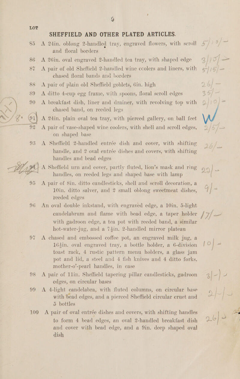 SHEFFIELD AND OTHER PLATED ARTICLES. 55 <A 24in. oblong 2-handled tray, engraved flowers, with scroll a and floral borders 86 A 26in. oval engraved 2-handled tea tray, with shaped edge 87 A pair of old Sheffield 2-handled wine ccolers and liners, with chased floral bands and borders 88 A pair of plain old Sheffield goblets, 6in. high 89 <A ditto 4-cup egg frame, with spoons, floral scroll edges f \ 90 A breakfast dish, liner and drainer, with revolving top with : J chased band, on reeded legs ‘4+ (9i) A 24in. plain oval tea tray, with pierced gallery, on ball feet J ~~. 92 <A pair of vase-shaped wine coolers, with shell and scroll edges, on shaped base 93 <A Sheffield 2-handled entrée dish and cover, with shifting handle, and 2 oval entrée dishes and covers, with shifting handles and bead edges A Sheffield urn and cover, partly fluted, lion’s mask and ring handles, on reeded legs and shaped base with lamp  95 A pair of 8in. ditto candlesticks, shell and scroll decoration, a 10in. ditto salver, and 2 small oblong sweetmeat dishes, reeded edges 96 An oval double inkstand, with engraved edge, a 10in. 5-light with gadroon edge, a tea pot with reeded band, a similar hot-water-jug, and a %4in. 2-handled mirror plateau 97 A chased and embossed coffee pot, an engraved milk jug, a 164in. oval engraved tray, a bottle holder, a 6-division toast rack, 4 rustic pattern menu holders, a glass jam pot and lid, a steel and 4 fish knives and 4 ditto forks. mother-o’-pearl handles, in case 98 A pair of 1lin. Sheffield tapering pillar candlesticks, gadroon edges, on circular bases 99 <A 4-light candelabra, with fluted columns, on circular base with bead edges, and a pierced Sheffield circular eruet and — 5 bottles 100 A pair of oval entrée dishes and covers, with shifting handles to form 4 head edges, an oval 2-handled breakfast dish and cover with bead edge, and a 9in. deep shaped oval dish