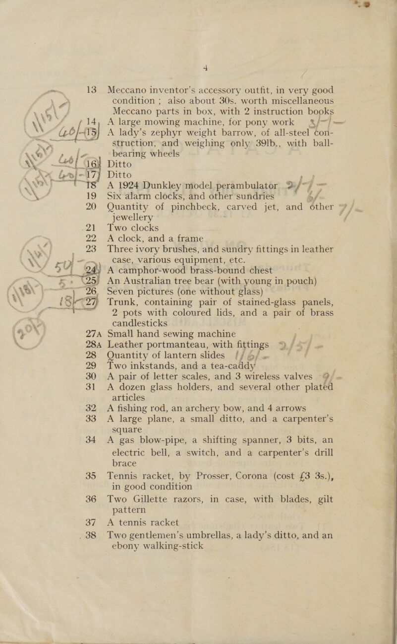 / ( 13 Meccano inventor’s accessory outfit, in very good condition ; also about 30s. worth miscellaneous Meccano parts in box, with 2 instruction books ‘ _f 14, A large mowing machine, for pony work &amp;/~/ =~ (0 415] A lady’s zephyr weight barrow, of all-steel con- panes struction, and weighing only 391b., with ball- fe, “wearing wheels | GQ Ditto 4 fee-I7] Ditto ke. “P™Ts A 1924 Dunkley model perambulator a j 7 19 Six alarm clocks, and other sundries 4, f. 20 Quantity of pinchbeck, ee jet, and ‘other iP jewellery “f -21. Two clocks 22 Aclock, and a frame _ 23 Three ivory brushes, and sundry fittings in leather '&lt;-.~, Case, various equipment, etc. A camphor-wood brass-bound chest An. Australian tree bear (with young in pouch) Seven pictures (one without glass) Trunk, containing pair of stained-glass panels, 2 pots with coloured lids, and a pair of brass [ candlesticks ; . \ 27A Small hand sewing machine é 284 Leather portmanteau, with fittings 28 Quantity of lantern slides // 6/ 29 Two inkstands, and a tea-caddy 30 A pair of letter scales, and 3 wireless valves / ~ 31 A dozen glass holders, and several other plated articles | 32 A fishing rod, an archery bow, and 4 arrows 33 A large plane, a small ditto, and a carpenter’s square 34 A gas blow-pipe, a shifting spanner, 3 bits, an electric bell, a switch, oa a carpenter's drill brace 35 Tennis racket, by Prosser, Corona (cost {£3 3s.), in good condition 36 Two Gillette razors, in case, with blades, gilt pattern 37 A tennis racket _ 38 Two gentlemen's umbrellas, a lady’s ditto, and an ebony walking-stick  