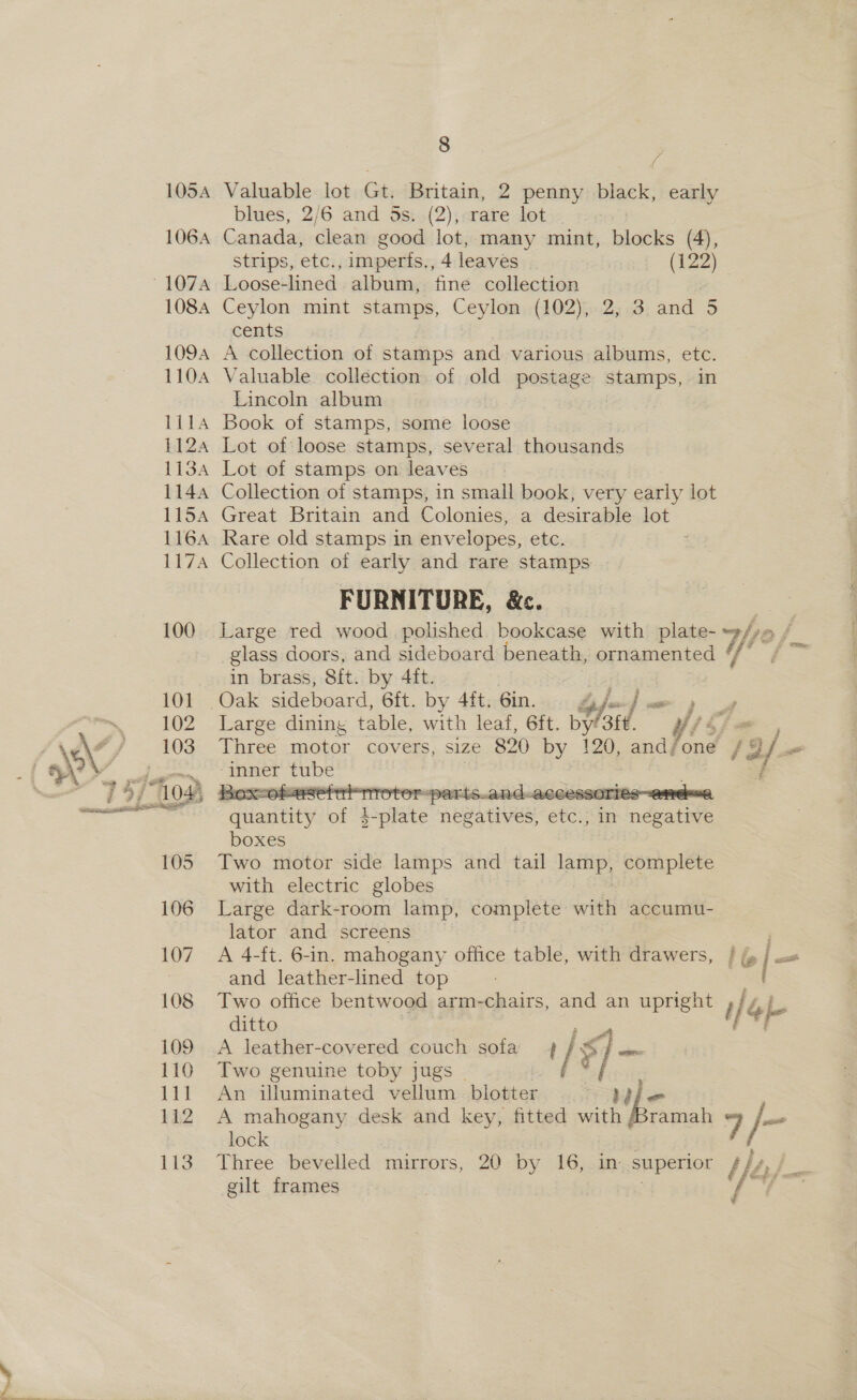 106A ‘107A 1084 109A 1104 Pi 1124 113A 1144 115A 116A 1I7A 100 8 4 blues, 2/6 and 5s. (2), rare lot Canada, clean good lot, many mint, blocks (4), strips, etc., imperts. 4 leaves (122) Loose-lined. album, fine collection Ceylon mint stamps, Ceylon (102), 2, 3 and 5 cents . A collection of stamps and various albums, etc. Valuable collection of old postage stamps, in Lincoln album Book of stamps, some loose Lot of loose stamps, several thousands Lot of stamps on leaves Collection of stamps, in small book, very early lot Great Britain and Colonies, a desirable lot Rare old stamps in envelopes, etc. : Collection of early and rare stamps FURNITURE, &amp;c. Large red wood polished bookcase with plate- /) ro f glass doors, and sideboard beneath, ornamented {f° / ™ in brass, 8ft. by 4ft. Large dining table, with leaf, 6ft. Waid {7 é le” Three motor covers, size 820 by 120, and/one sa / “ inner De | : /  rfuantity e Haake negatives, eta: in : indwatiee boxes Two motor side lamps and tail lamp, complete with electric globes Large dark-room lamp, complete with accumu- lator and screens A 4-ft. 6-in. mahogany office table, with drawers, / j —s and leather-lined top Two office bentwood arm-chairs, and an upright i / 4h ditto é F A leather-covered couch sofa 4 / ¥] as Two genuine toby jugs | | An illuminated vellum. blotter phe A mahogany desk and key, fitted with /Bramah 9 /- lock | 7 ; Three bevelled mirrors, 20 by 16, in superior ; bs} gilt frames a