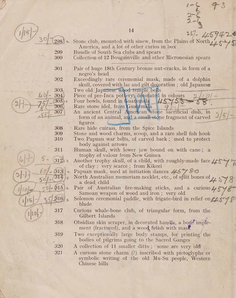 tat” es é. 26 ae aot 7 Aur 2 14 3 C 11S ]7 eae 27. LSYb2¢ er oe 298) ~*~ Stone club, mounted with sinew, from the Plains of North Lf a&gt; § } America, and a lot of other curios in box 7% 299 Bundle of South Sea clubs and spears 300 Collection of 12 Bougainville and other Micronesian spears 301 Pair of huge 18th Century bronze nut-cracks, in form of a | negro’s head 302 Exceedingly rare ceremonial mask, made of a dolphin      skull, covered with lac and gilt decoration ; old Japanese , 303, Two old Ja d | ener u Of - 304) Piece of tae Inca pot ery;, degorated in se. oe 5 Oe -4_ 307) An ancient Central erican “stone sera arate ‘dish, ie: iy jen rapist: ERS form of an animal, a ne fragment of ie a ae . ~ figures wR 308 Rare hide cuirass, from the Spice Islands 309 Stone and wood charms, scoop, and a rare shell fish hook 310 Two Papuan war belts, of carved bark; used to protect | body against arrows 311 Human skull, with lower jaw bound on with Caneyoud — trophy of valour from New Guinea * 312) Another trophy skull, of a child, with roughly-made face £¢¢-* age of clay ; very scarce; from Kikori 3\x Papuan mask, used at initiation dances YET FO North Australian memoriam necklet, etc., of split bones 7) SY 2 a dead, child %: Pair of Australian fire-making sticks, and a curious fy Sy eo Samoan weapon of wood and iron; very old Solomon ceremonial paddle, with frigate- -bird in relief on fA &lt;*¥ y 6 £ blade Curious whale-bone club, of triangular form, from the Gilbert Islands Obsidian skin scraper, in decorated handle, a borié imple- ment (fractured), and a wood fetish with mas S19 Two exceptionally large body stamps, for printing the | : bodies of pilgrims going to the Sacred Ganges 320 A collection of 11 smaller ditto; some are very old. 321 A curious stone charm (?) inscribed with pictoglyphs or symbolic writing of the old Mu-Su “People: Western Sines hills _— fi 