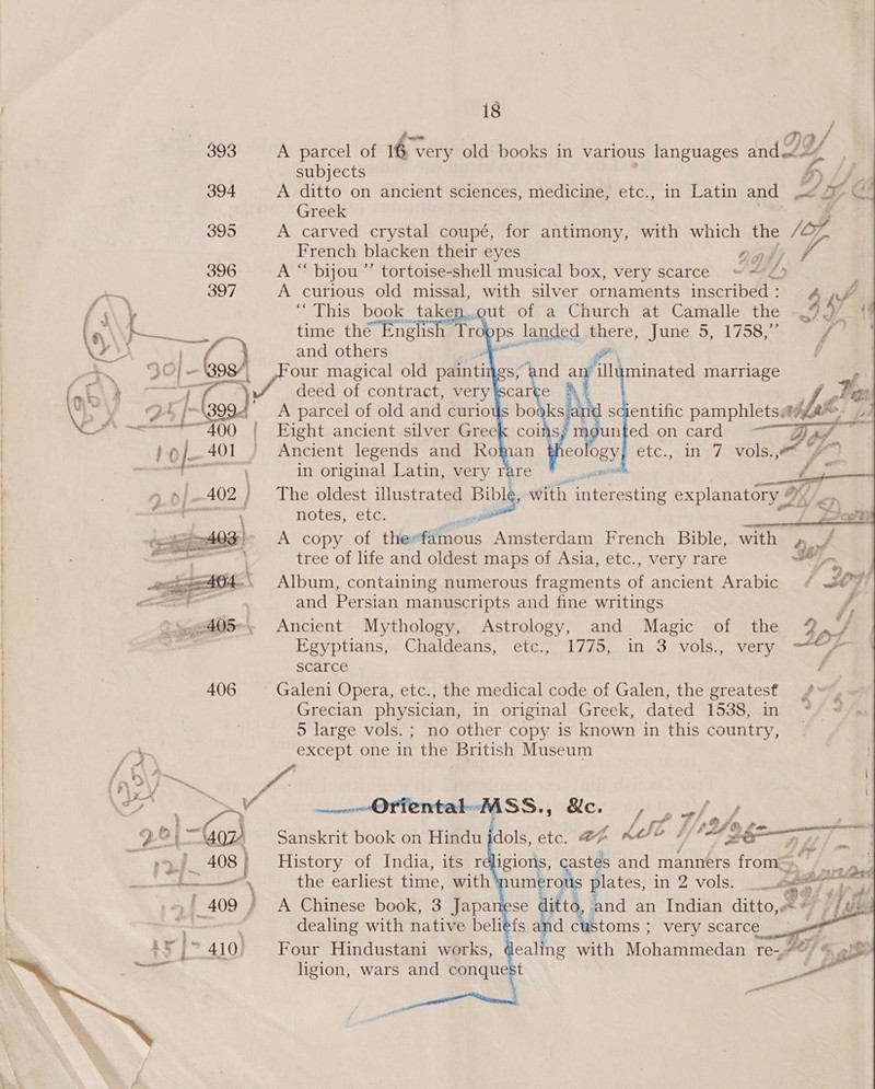 a 18          Pi Nel 393 A parcel of 16 very old books in various languages and ZY ; subjects by fi. 394 A ditto on ancient sciences, medicine, etc., in Latin and Le Cs Greek vA 395 A carved crystal coupé, for antimony, with which the (CF French blacken their eyes nab) fr 396 A “ bijou”’ tortoise-shell musical box, very scarce ~~ ZL 397 A curious old missal, with silver ornaments inscribed : 4 wh ut of a Church at Camalle the - J |p +     f r \ “This book taken... 7 Weg ae time thé English Tro ps landed Baere, june 3, 175383 f Cae | e and others 4 w\ am % 98“ ‘illuminated marriage : | 1) Ree scientific pamphlets t7f2~ nted on card Dae   A parcel of old and curiotis boaks: “400 | Eight ancient silver Gree} !          in original Latin, very rare sewn é ,/..402 } The oldest illustrated Bibl with interesting explanatory g Span notes, etc. sto * { Dam A copy of thesfamous Amsterdam French Bible, with 4 tree of life and oldest maps of Asia, etc., very rare ~ew lan Album, containing numerous fragments of ancient Arabic ¢ Je and Persian manuscripts and fine writings f ~@405-— Ancient Mythology, Astrology, and Magic of the % ] Eeyptians,. Chaldeans, etc 17/5). in=-3 vols. Veuy AOE scarce f 406 Galeni Opera, etc., the medical code of Galen, the greatest » Grecian physician, in original Greek, dated 1538, in ”* 5 large vols. ; no other copy is known in this country, — f? Sut     | ry except one in the British Museum f | pp n | f A ry j ™, 4 fle, ix A Pg. _ ‘ ) \ FF = V —«OrientaleMSS. 3 &amp;c. f os —p f f ye 7 : ot ke Wi ge - “LY | (407) Sanskrit book on Hindu jdols, etc. @- mée*™ #/°@ fr Te asaeariai ‘1 : / : 3 Pro ti ’ Pes : y : ry./ 408 | History of India, its religions, castes and manners from-. Bet Aas EE the earliest time, with ‘numerous plates, in 2 vols. han % a i ae : . a “te 409 / A Chinese book, 3 Japaniese fies Pad an Indian ditto, * \ —— , dealing with native beliefs and customs ; very scarce 3 | Sele . ert ves . ** | 410) Four Hindustani works, dealing with Mohammedan re-,”®/ ‘ao ligion, wars and conquest ae we a