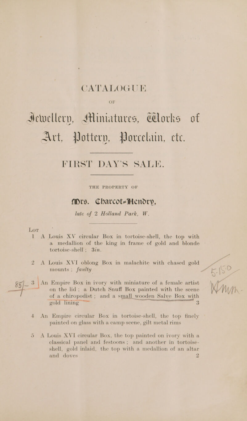 ~ Sewellery, Jthimatures, Cdlorks of Art, Pottery, Porcelain, etc. ar J FIRST DAY’S SALE. THE PROPERTY OF Mrs. CharcoteHendry, late of 2 Holland Park, W. Lor 1 &lt;A Louis XV circular Box in tortoise-shell, the top with a medallion of the king in frame of gold and blonde tortoise-shell ; 37n. bo A Louis XVI oblong Box in malachite with chased gold rae mounts ; faulty A ISO §5]- 3 |An Empire Box in ivory with miniature of a female artist MK y on the lid; a Dutch Snuff Box painted with the scene of a chiropodist ; and a small wooden Salve Box with oe — A AE ER ape ara NNT ‘ gold lining ~~ 3 4 An Empire circular Box in tortoise-shell, the top finely painted on glass with a camp scene, gilt metal rims 5 A Louis XVI circular Box, the top painted on ivory with a classical panel and festoons; and another in tortoise- shell, gold inlaid, the top with a medallion of an altar