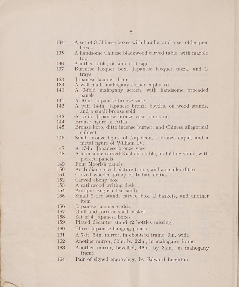  135 136 137 138 139 140 141 142 143 144 145 146 147 148 149 150 15] 152 153 154 155 156 157 158 159 160 161 162 163 164 A set of 3 Chinese boxes with handle, and a set of lacquer boxes A handsome Chinese blackwood carved table, with marble to Another table, of similar design Burmese lacquer box, Japanese lacquer tazza, and 2 trays Japanese lacquer drum A well-made mahogany corner cupboard A 6-fold mahogany screen, with handsome brocaded panels A 40-in. Japanese bronze vase A pair 14-in. Japanese bronze bottles, on mond stands, and a small bronze spill Bronze figure of Atlas . Bronze koro, ditto incense burner, and Chinese allegorical subject Small bronze figure of Napoleon, a bronze cupid, and a metal figure of William IV. A 17-in. Japanese bronze vase A handsome carved Kashmiri table, on folding stand, with pierced panels Four Moorish panels An Indian carved picture frame, and a smaller ditto Carved wooden group of Indian deities Carved ebony box A satinwood writing desk Antique English tea caddy Small 2-tier stand, carved box, 2 baskets, and another item | Japanese lacquer caddy Ouill and tortoise-shell basket Set of 4 Japanese boxes Plated decanter stand (2 bottles missing) Three Japanese hanging panels A 7-ft. 6-in. mirror, in ebonized frame, 9in. wide Another mirror, 50in. by 22in., in mahogany frame Another mirror, bevelled, 46in. by 34in., in mahogany frame Pair of signed engravings, by Edward Leighton  