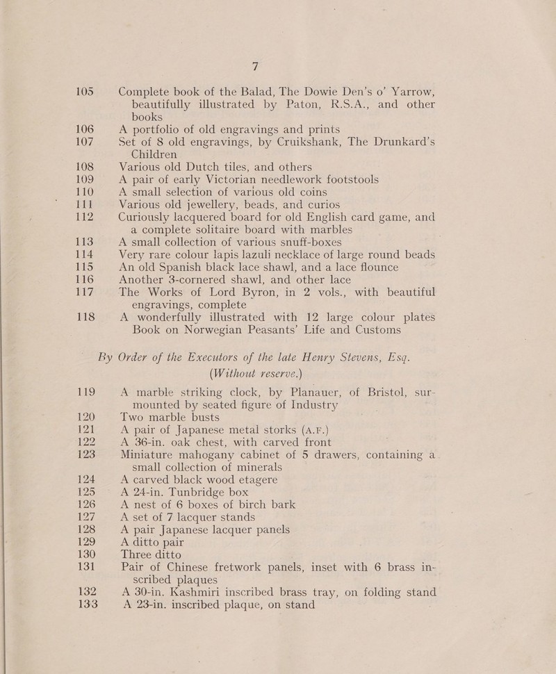 105 Complete book of the Balad, The Dowie Den’s 0’ Yarrow, beautifully illustrated by Paton, R.S.A., and other books 106 A portfolio of old engravings and prints 107 Set of 8 old engravings, by Cruikshank, The Drunkard’s Children 108 Various old Dutch tiles, and others 1097. A pair-ot ‘early Victorian needlework footstools 110 A small selection of various old coins 111 Various old jewellery, beads, and curios ji Curiously lacquered board for old English card game, and a complete solitaire board with marbles 113 A small collection of various snuff-boxes 114 Very rare colour lapis lazuli necklace of large round beads 115 An old Spanish black lace shawl, and a lace flounce 116 Another 3-cornered shawl, and other lace 117 The Works of Lord Byron, in 2 vols., with beautiful engravings, complete 118 A wonderfully illustrated with 12 large colour plates Book on Norwegian Peasants’ Life and Customs By Order of the Executors of the late Henry Stevens, Esq. (Without reserve.) 119 A marble striking clock, by Planauer, of Bristol, sur- mounted by seated figure of Industry 120 Two marble busts 121 A pair of Japanese metal storks (A.F.) 122 A 36-in. oak chest, with carved front 123 Miniature mahogany cabinet of 5 drawers, containing a. small collection of minerals 124 A carved black wood etagere 125 A 24-in. Tunbridge box 126 A nest of 6 boxes of birch bark 127 A set of 7 lacquer stands 128 A pair Japanese lacquer panels 129 A ditto pair 130 Three ditto 13] Pair of Chinese fretwork panels, inset with 6 brass in- scribed plaques 132 A 30-in. Kashmiri inscribed brass tray, on folding stand 133 A 23-in. inscribed plaque, on stand 