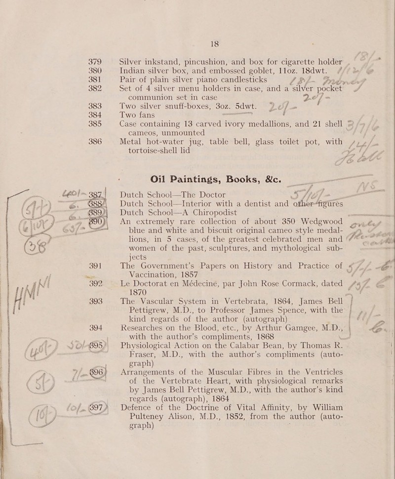  5A PAREN RE OPEL IIF EEE IRE NINE RC FENN EAN EEE AGERE A LOI ELA ILE OLE ES tiie ot nn  379 381 383 384 385 386 18 Pair of plain silver piano candlesticks (ij~ F communion set in case | a af Two silver snuff-boxes, 30z. Sdwt. 20/ Two fans os an Cameos, unmounted Metal hot-water jug, table bell, glass toilet pot, with tortoise-shell lid Dutch School—The Doctor SH tt Dutch School—Interior with a dentist and other- heeates Dutch School—A Chiropodist An extremely rare collection of about 350 Wedgwood blue and white and biscuit original cameo style medal- lions, in 5 cases, of the greatest celebrated men and women of the past, sculptures, and mythological sub- jects The Government’s Papers on History and Practice of Vaccination, 1857 Le Doctorat en Médecine, par John Rose Cormack, dated 1870 kind regards of the author (autograph) kesearches on the Blood, etc., by Arthur Gamgee, M.D., with the author’s compliments, 1868 Physiological Action on the Calabar Bean, by Thomas R. Fraser, M.D., with the author’s compliments (auto- graph) Arrangements of the Muscular Fibres in the Ventricles of the Vertebrate Heart, with physiological remarks by James Bell Pettigrew, M.D., with the author’s kind regards (autograph), 1864 Defence of the Doctrine of Vital Affinity, by William Pulteney Alison, M.D., 1852, from the author (auto- graph) ; — v