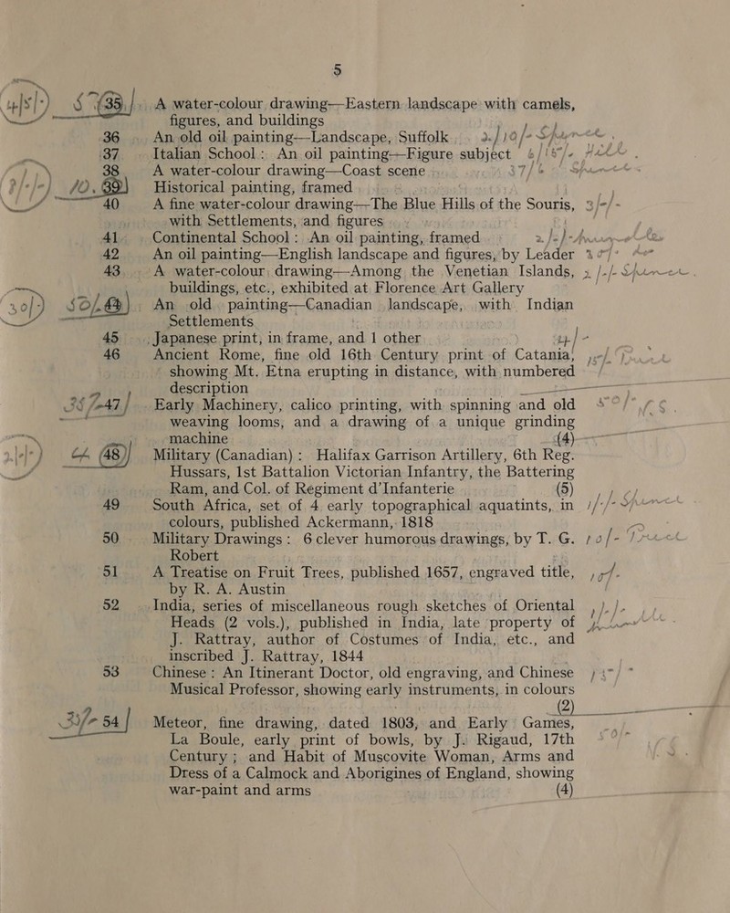 49 50 51 52 53 33/* 54 5 An oil painting, framed . 2} 9 description A water-colour, drawing—-Among the Venetian Islands, buildings, etc., exhibited at Florence Art Gallery An old painting—Canadian landscape, with. Indian Settlements | Japanese print, in frame, and 1 ober 1 | - 4¢ &amp; J machine (4) Halifax Garrison Artillery, 6th Reg. Robert 6 clever humorous drawings, by T. G. Heads (2 and (2) Century ; “Se