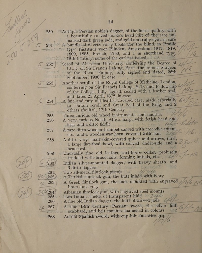 250 fo SF s8isk 14 “Antique Persian noble’s dagger, of the finest quality, with a beautifully carved horse’s head hilt of the rare un- marked dark green. jade, and gold and ruby” eyes, in case type, Instituut voor Blinden; Amsterdam; 1817, 1819, _ 1809, 1885, French, 1750, and 1 in shorthand type, é 98th Century;.some of the earliést: Gssued “2. 4 a “Scroll ‘of Aberdeen University conferring | ‘the Degree of php — LL.D. on Sir Francis Laking, Bart., the famous Surgeon  S of the Royal Family, fully signed and ‘dated, 26th _ ja “September, 1906, in case | oie Another scroll of the Royal College of Medicine, London, yr 4. conferring on Sir Francis Laking, M.D. and. Fellowship “ye of the College, fully signed, sealed with a leather seal, | and dated 25 April, 1872, in case -e i~ a t At 5 mr - * aS ~ | LY _.A fine and rare old leather-covered case, made especially Se to contain scroll’ and Great Seal of, the King, ane a oo _ others (faulty), [7th CGeninty, ae yi een Three curious old wheel instruments, and ee of We A very curious North Africa harp, with, fetish head and, / -legs, and a ditto fiddle i Lil A rare ditto wooden trumpet cansead with chscodile i, _ etc., and a wooden war horn, covered with'skin 2 YON A ditto very small’skin-covered quiver and arrows, ‘fare: sd | a large flat’ food bowl, with carved under- ‘side, and a AO! head-rest ‘ . Unusually fine old. Jeather cart:horse collar, prong?” ait ‘VO - studded with-brass nails, forming initials, etc. LAY J Indian. silver-mounted. dagger, with heavy eae, ie é 3 ditto daggers - DY LIZ, Two all-metal flintlock pistols HS ie eee A Turkish flintlock gun, the butt inlaid with. ivory a A Greek flintlock gun, the butt’ mounted with engraved y /, brass and ivory ace Albanian flintlock gun, with éngiaved steel mounts | Two Indian shields of transparent hide 2tfp- e A fine old Indian dag geet} the butt of carved jade “fe ye A’ fine “18th: ‘Century ’ Persian’ sword, the silver hilt, Ms Af. a scabbard,:and-belt mounts:énamelled in colours °S eee An*old ‘Spanish: sword, with’ Cup -hilt and wire BD /, ‘G omy jn fff i. - Me A, ie) ~——