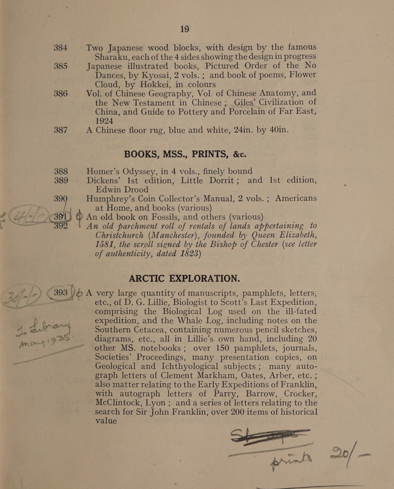 *) Ay hol - - ~ _— 384 385 386 387 388 389 390 19 Two Japanese wood blocks, with design by the famous Sharaku, each of the 4 sides showing the design in progress Japanese illustrated books, Pictured Order of the No Dances, by Kyosai, 2 vols. ; and book of poems, Flower Cloud, by Hokkei, in colours Vol. of Chinese Geography, Vol. of Chinese Anatomy, and the New Testament in Chinese ; Giles’ Civilization of China, and Guide to Pottery and Porcelain of Far East, 1924 A Chinese floor rug, blue and white, 24in. by 40in. BOOKS, MSS., PRINTS, &amp;c. Homer’s Odyssey, in 4 vols., finely bound 7 Dickens’ lst edition, Little Dorrit; and Ist edition, Edwin Drood Humphrey’s Coin Collector’s Manual, 2 vols. ; Americans at Home, and books (various) An old parchment roll of rentals of lands appertaining to Christchurch (Manchester), founded by Queen Elizabeth, 1581, the scroll signed by the Bishop of Chester (see letter of authenticity, dated 1823) ARCTIC EXPLORATION. etc., of D. G. Lillie, Biologist to Scott’s Last Expedition, comprising the Biological Log used on the ill-fated expedition, and the Whale Log, including notes on the Southern Cetacea, containing numerous pencil sketches, diagrams, etc., all in Lillie’s own hand, including 20 other MS. notebooks; over 150 pamphlets, journals, _ Societies’ Proceedings, many presentation copies, on Geological and Ichthyological subjects ; many auto- graph letters of Clement Markham, Oates, Arber, etc. ; also matter relating to the Early Expeditions of Franklin, with autograph letters of Parry, Barrow, Crocker, McClintock, Lyon ;. and a series of letters relating to the search for Sir John Franklin, over 200 items of historical value 