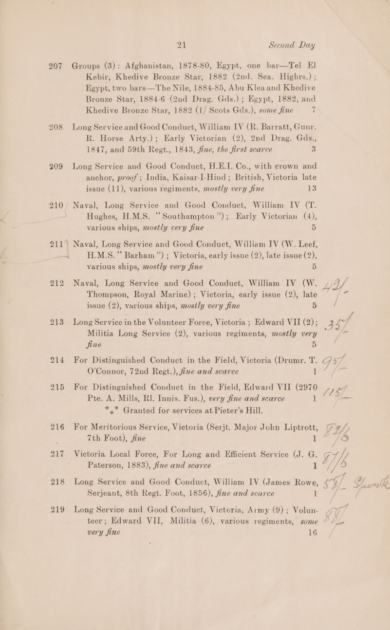 207 209 210 213 21 Second Day Groups (3): Afghanistan, 1878-80, Egypt, one bar—Tel E] Kebir, Khedive Bronze Star, 1882 (2nd. Sea. Highrs.) ; Egypt, two bars—The Nile, 1884-85, Abu Kleaand Khedive Bronze Star, 1884-6 (2nd Drag. Gds.) ; Egypt, 1882, and Khedive Bronze Star, 1882 (1/ Scots Gds.), some fine 7 Long Service and Good Conduct, William IV (R. Barratt, Gunr. R. Horse Arty.) ; Early Victorian (2), 2nd Drag. Gds., 1847, and 59th Regt., 1843, fine, the first scarce 3 Long Service and Good Conduct, H.E.I. Co., with crown and anchor, proof; India, Kaisar-I-Hind ; British, Victoria late issue (11), various regiments, mostly very fine 13 Naval, Long Service and Good Conduct, William IV (T. Hughes, H.M.S. “ Southampton”); Early Victorian (4), various ships, mostly very fine 5 H.M.S. “ Barham”) ; Victoria, early issue (2), late issue (2), various ships, mostly very fine 5 Naval, Long Service and Good Conduct, William IV (W. Thompson, Royal Marine); Victoria, early issue (2), late issue (2), various ships, mostly very fine 5 Long Service fh the Volunteer Force, Victoria ; Edward VII (2); Militia Long Service (2), various regiments, mostly very fine 5 For Distinguished Conduct in the Field, Victoria (Drumr. T. O’Connor, 72nd Regt.), fine and scarce 1 For Distinguished Conduct in the Field, Edward VII (2970 Pte. A. Mills, Rl. Innis. Fus.), very fine and scarce 1 *.* Granted for services at Pieter’s Hill. For Meritorious Service, Victoria (Serjt. Major John Liptrott, 7th Foot), fine f Victoria Local Force, For Long and Efficient Service (J. G. Paterson, 1883), fine and scarce 1 Long Service and Good Conduct, William IV (James Rowe, Serjeant, 8th Regt. Foot, 1856), fine and scarce l Long Service and Good Conduct, Victoria, Army (9); Volun- very fine 16 YY, , f fs ee ¥ DI, — fie” ‘ LIS eee 7 # mt A GI SY/ f so