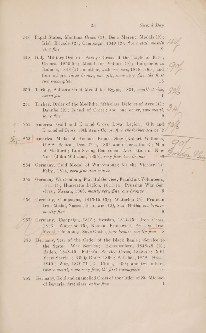 bo eG OO Papal States, Montana Cross (3); Bene Merenti Medals (2); Irish Brigade (2); Campaign, 1849 (2), five metal, mostly ¢ very fine 9 249 Italy, Military Order of Savoy; Cross of the Eagle of Este ; Crimea, 1855-56; Medal for Valour (5); Indipendenza Italiana, 1848 (2); another, with five bars, 1848-1866 ; and four others, three bronze, one gilt, some very fine, the first two incomplete LD 250 Turkey, Sultan’s Gold Medal for Egypt, 1801, smallest szze, extra fine 1 251 ‘Turkey, Order of the Medjidie, fifth class, Defence of Acre (4) ; Danube (2); Island of Crete; and one other, two metal, some fine 9 252 America, Gold and Enamel Cross, Loyal Legion; Gilt and Enamelled Cross, 19th Army Corps, fine, the former scarce 2. - 253 America, Medal of Honour, Bronze Star (Robert Williams, 5, eae U.S.S. Benton, Dec. 27th, 1862, and other actions) ; Men of Medford ; Life Saving Benevolent Associaticn of New 254 Germany, Gold Medal of Wurtemburg for the Victory 1st Feby., 1814, very fine and scarce 1 255 Germany, Wurtemburg, Faithful Service; Frankfurt Volunteers, 1813-14; Hanseatic Legion, 1813-14; Prussian War Ser- vices ; Nassau, 1866, mostly very fine, one bronze 5 256 Germany, Campaigns, 1813-15 (3); Waterloo (5), Prussian Iron Medal, Nassau, Brunswick (2), Saxe-Gotha, sta bronze, mostly fine 8 257, Germany, Campaign, 1815; Hessian, 1814-15; Iron Cross, 1813; Waterloo (5), Nassau, Brunswick, Prussian _ Tron Medal, Oldenburg, Saxe-Gotha, four bronze, mostly fine 8 258 ‘eee Star of the Order of the Black Eagle; Service to the State; War Service; Hohenzollern, 1848-49 (2); Baden, 1848-49; Faithful Service Cross, 1848-49; XVI Years Service ; Konig-Gratz, 1866 ; Potsdam, 1852; Hesse, 1840; War, 1870-71 (2); China, 1900; and two others, twelve metal, some very fine, the first incomplete 16 bo Or ie) Germany, Gold and enamelled Cross of the Order of St. Michael