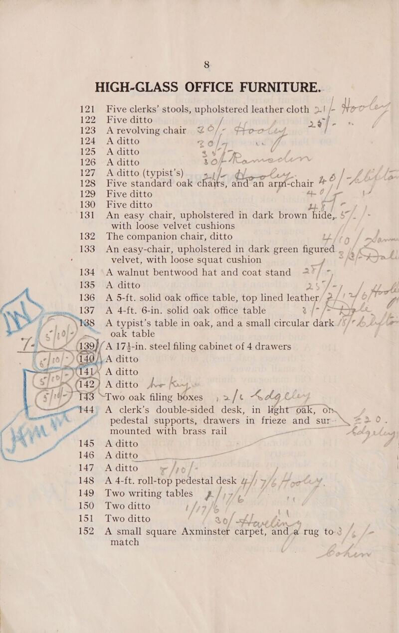 g 2 a e VK wt 8 14 / Five ditto &lt;i A revolving chair %©/_ A ditto 20) + ud If A ditto i ae} - ae X ”4 A ditto ees A ditto (typist’s) aa 1. 7 / Five ditto 4 6 ; Five ditto es An easy chair, upholstered in dark brown ae with loose velvet cushions The companion chair, ditto LL An easy-chair, upholstered in dark green figured. . velvet, with loose squat cushion iy A walnut bentwood hat and coat stand =“/ * A ditto fay A typist’s table in oak, and a small circular dark / oak table | A ditto “145 146 148 149 150 151 152 A clerk’s double-sided desk, in ent Oak, ory pedestal supports, drawers in frieze and sur- mounted with brass rail . AAO Ye A 4-ft. roll-top ft desk 4/ Two writing tables” } oe , Two ditto ah 7 Two ditto 3 6/ AL 2 ert hh A small square isinthetel carpet, anda / tag tod match Lt @